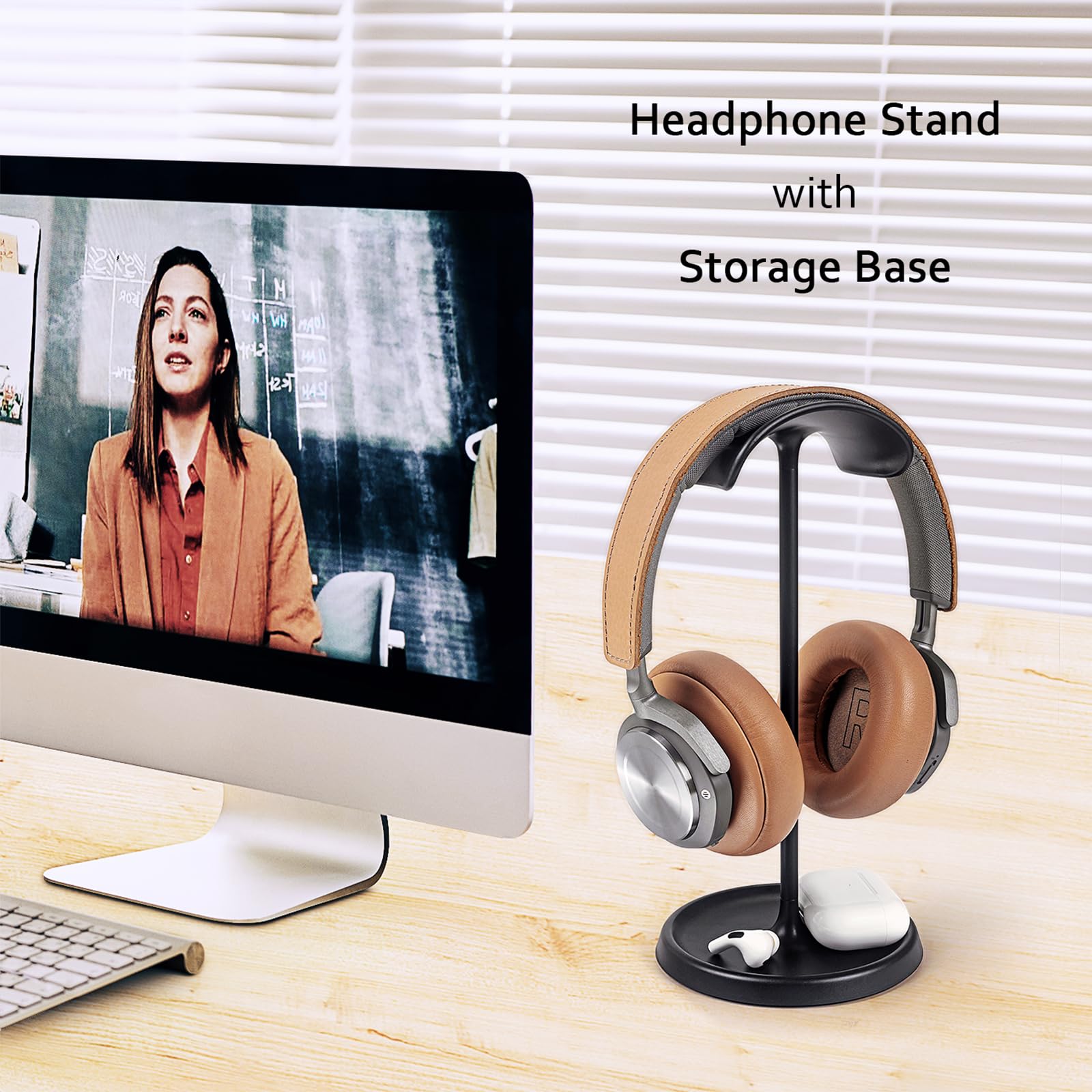 Premium Headphone Stand with Storage Tray - Heavy Base Gaming Headset Holder for AirPods Max, AirPods Pro, Beats, Bose, Sony & More - Perfect for Desk Organization & Gaming Setup (Black)