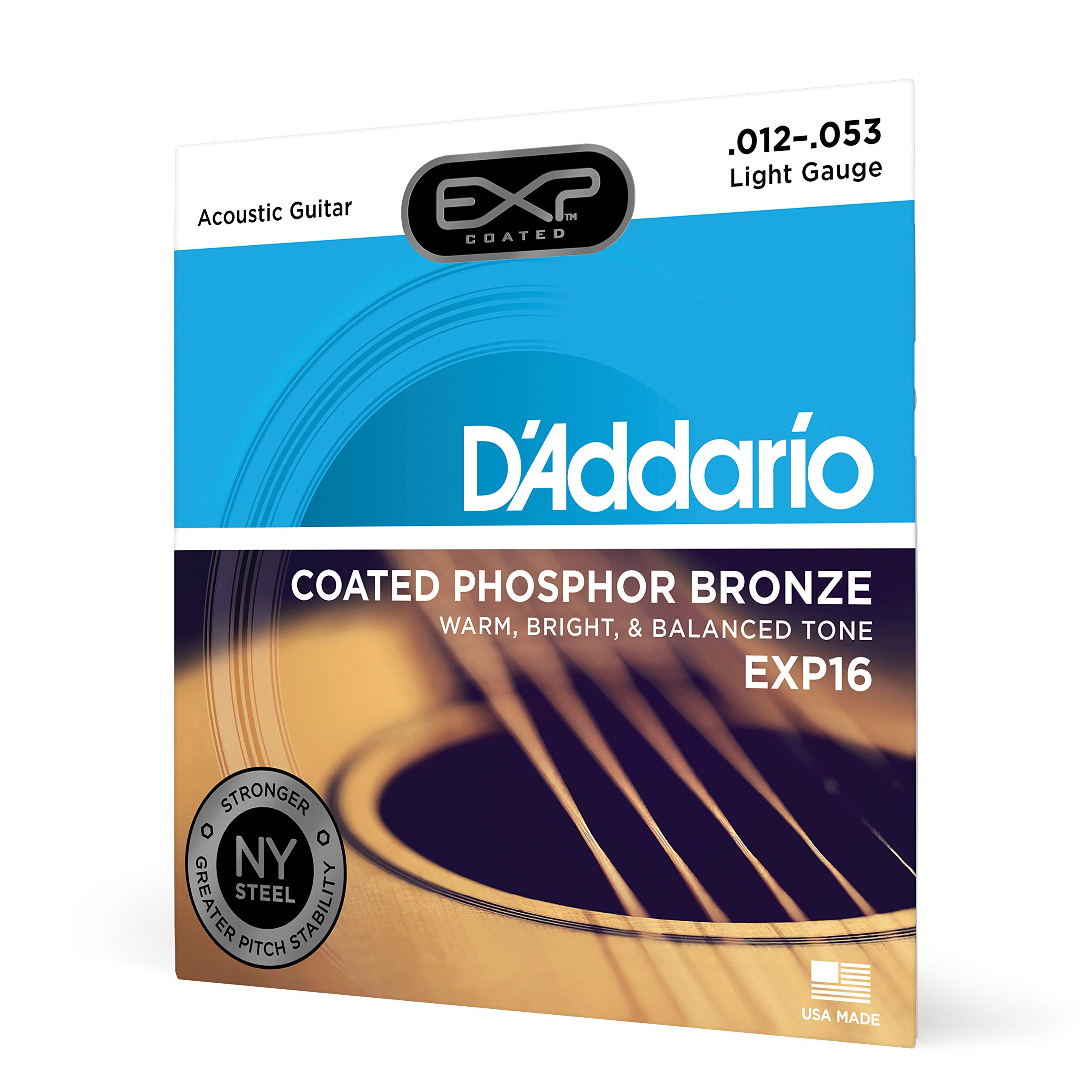 D'Addario EXP16 Coated Phosphor Bronze Acoustic Guitar Strings - Light Gauge (12-53) | Warm & Bright Balanced Tone | 4X Longer Life | NY Steel Core for Strength & Stability | Perfect for Live Performances & Studio Recording