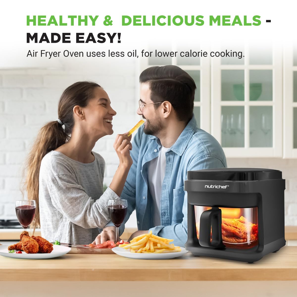 Nutrichef 5.8 Quart Air Fryer with 8 Preset Functions - Transparent Basket for Perfect Cooking - Fry, Bake, Roast Chicken, Steak, Shrimp & Vegetables - Digital Timer & Temperature Control - Ideal for Family Meals, Parties & Healthy Snacks - Black