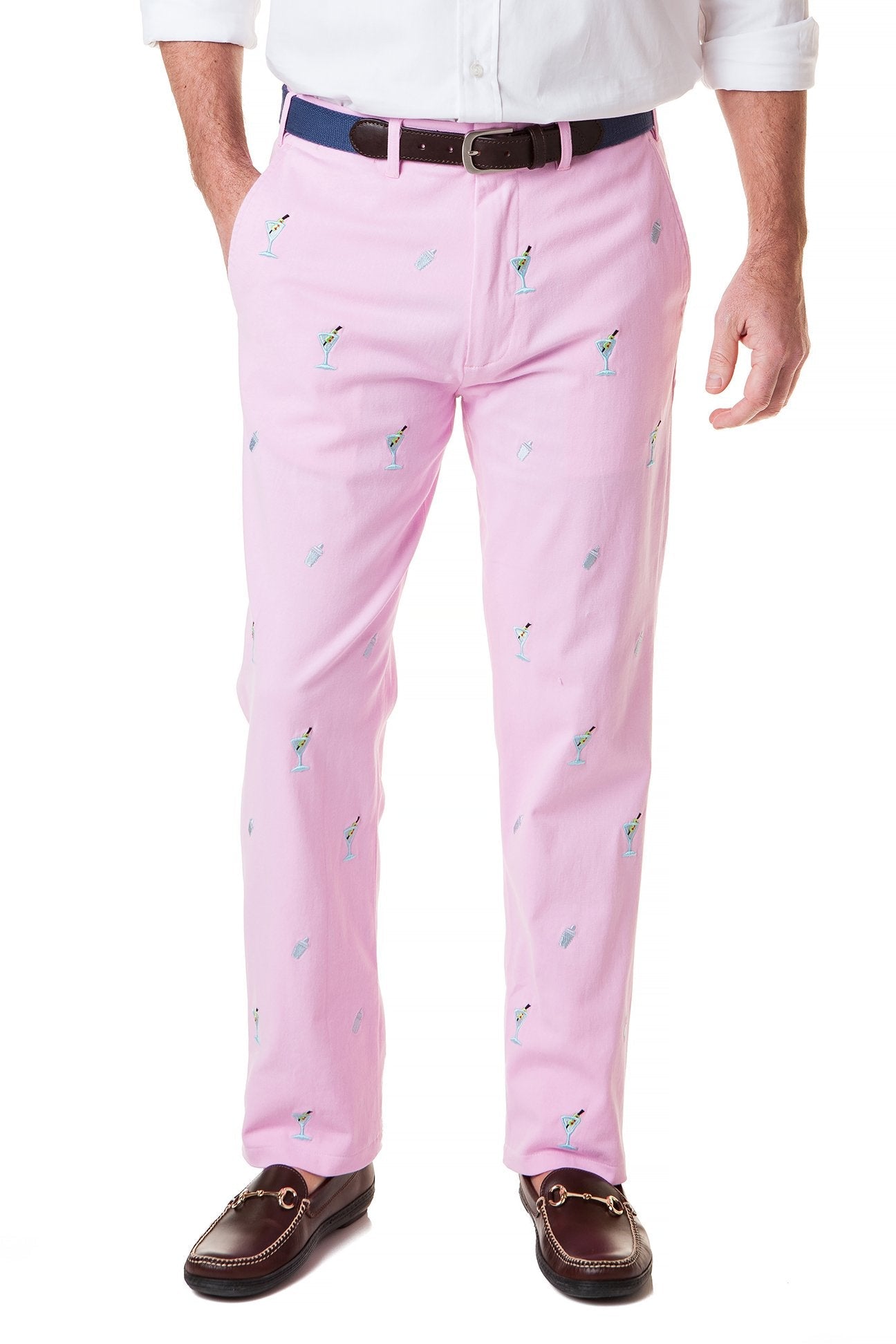 Stretch Twill Harbor Pant in Pink with Martini & Shaker Print - Comfortable Women's Casual Pants for Work, Cocktail Parties & Everyday Wear