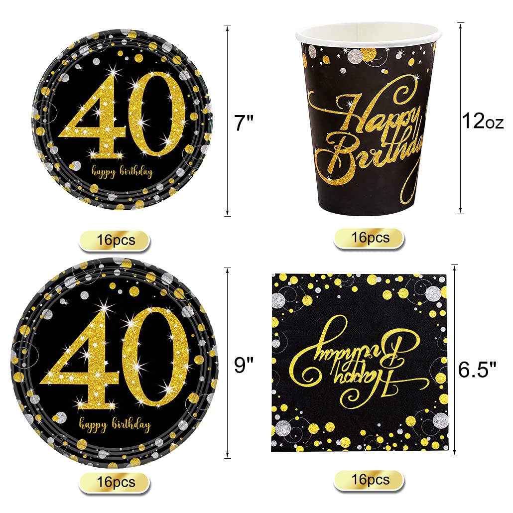 40th Birthday Party Supplies Set - Black and Gold Theme for 16 Guests - Disposable Tableware Kit Includes 40 Years Gold Paper Plates, 12 oz Cups, Banner, Napkins, Tablecloth, Cutlery (Spoons, Forks, Knives) - Perfect for Milestone Celebrations, Anniversaries & Retirement Parties