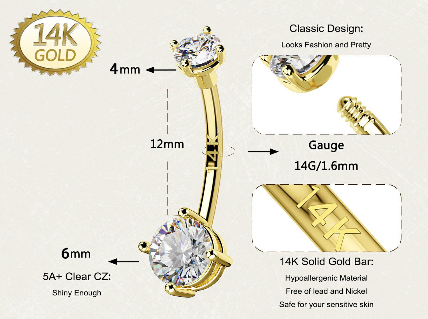 14K Solid Gold Belly Button Rings for Women & Men - Shiny Clear CZ Navel Piercing Jewelry | Long Lasting Belly Rings for Everyday Wear, Parties & Beach Outfits