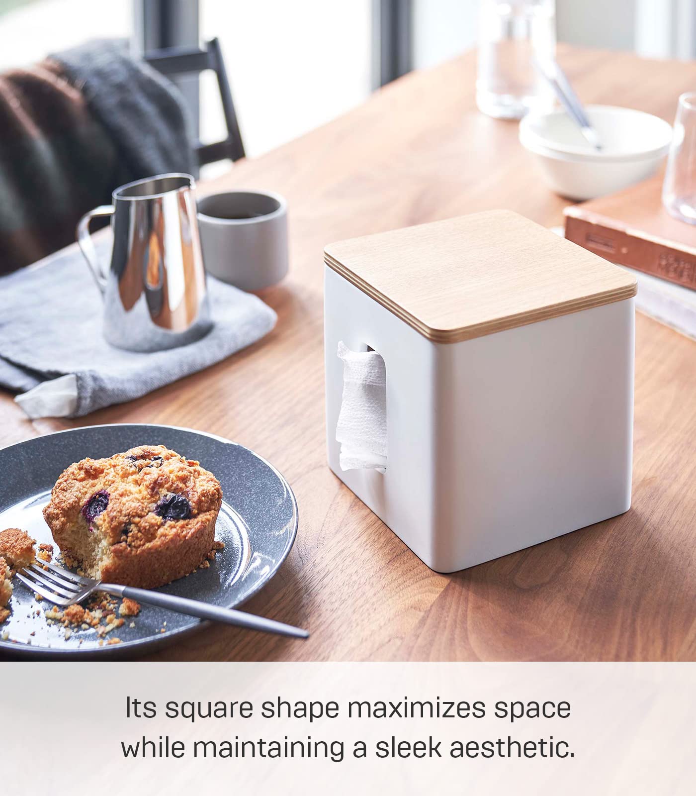 Yamazaki Home Rin Tissue Paper Holder with Removable Wooden Lid - Rectangular Storage Box for Toilet Paper, Paper Towels & Tissues - Polystone Material - Perfect for Kitchen, Bathroom & Bedroom Organization