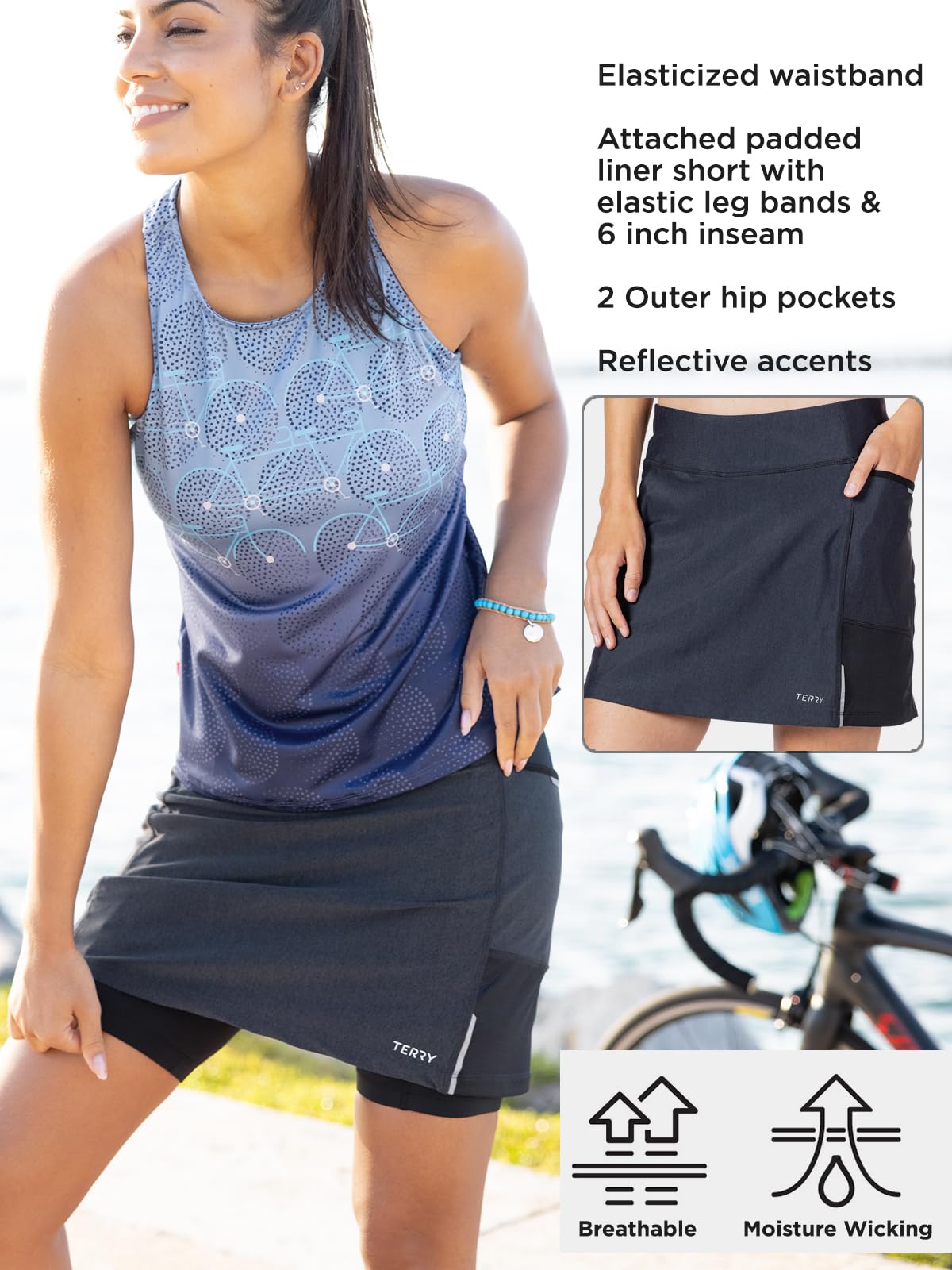 Women's Terry Fixie Skort - Cycling Skirt with Built-in Padded Liner Shorts | High-Performance Stretch Athletic Bike Skirt for Road & Mountain Biking | Perfect for Commuting, Spin Class & Outdoor Adventures