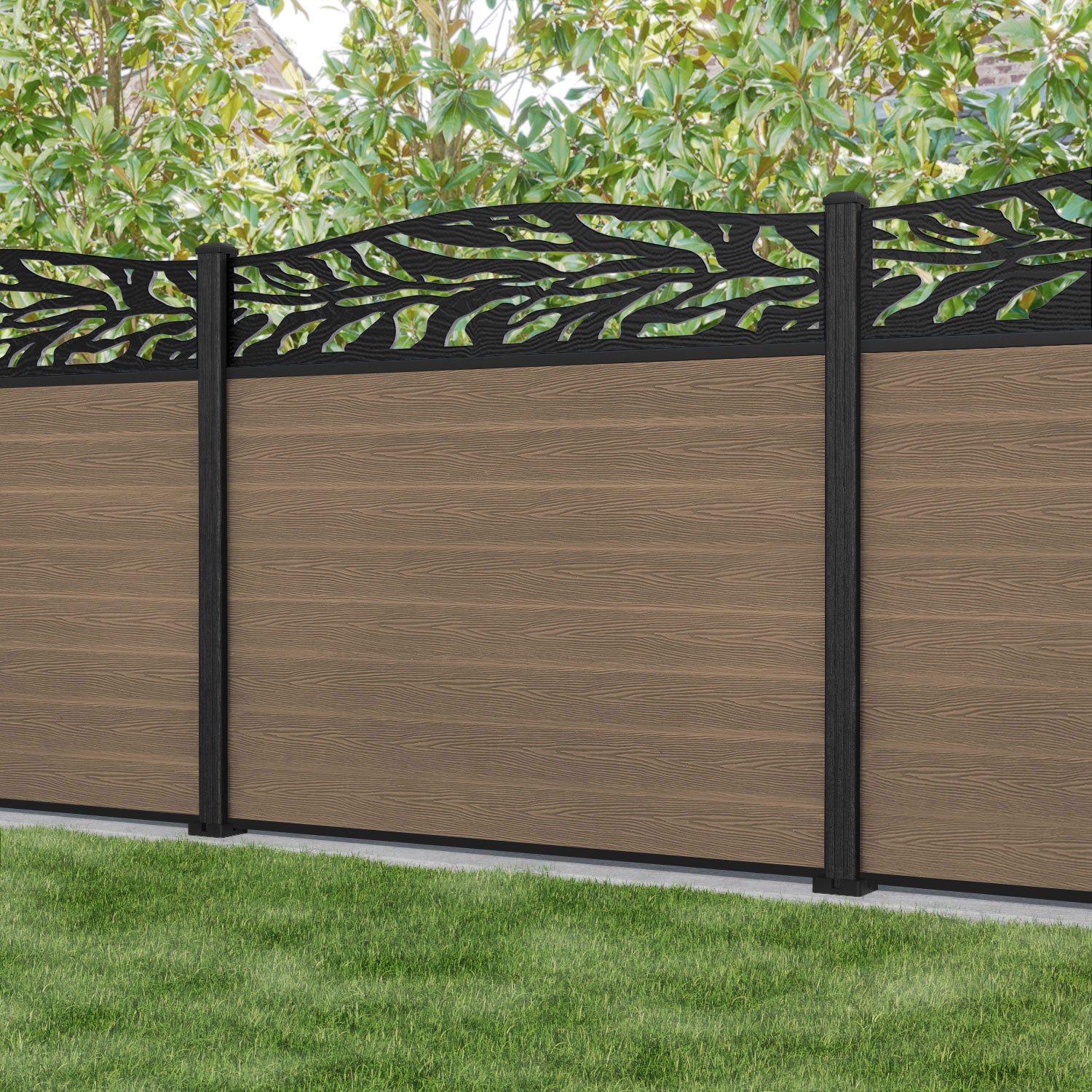 Premium Teak Malawi Curved Top Fence Panel with Composite Posts - Durable Outdoor Privacy Fence for Backyard, Garden, and Pool Area