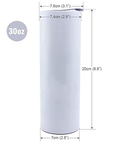 QOMOLANGMA 25-Pack Sublimation Ready White Skinny Tumbler - 30oz Stainless Steel Vacuum Insulated Water Bottle with Double Wall & Leak-Proof Lid + Straw - Perfect for Heat Transfer Printing, Travel, Gym & Outdoor Activities
