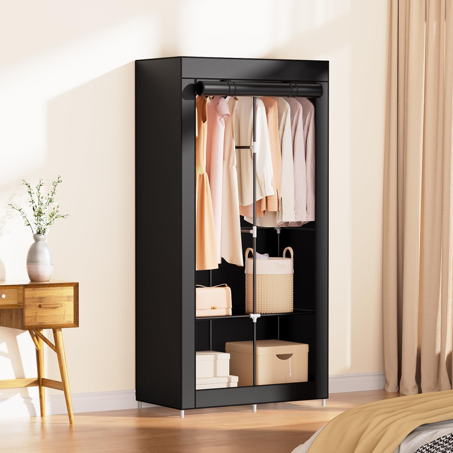 Portable Closet Wardrobe with 2 Hanging Rods & 4 Shelves - Foldable Clothes Organizer with Cover for Bedroom, Dorm, Travel - Non-Woven Fabric Storage Solution for Hanging Clothes & Accessories
