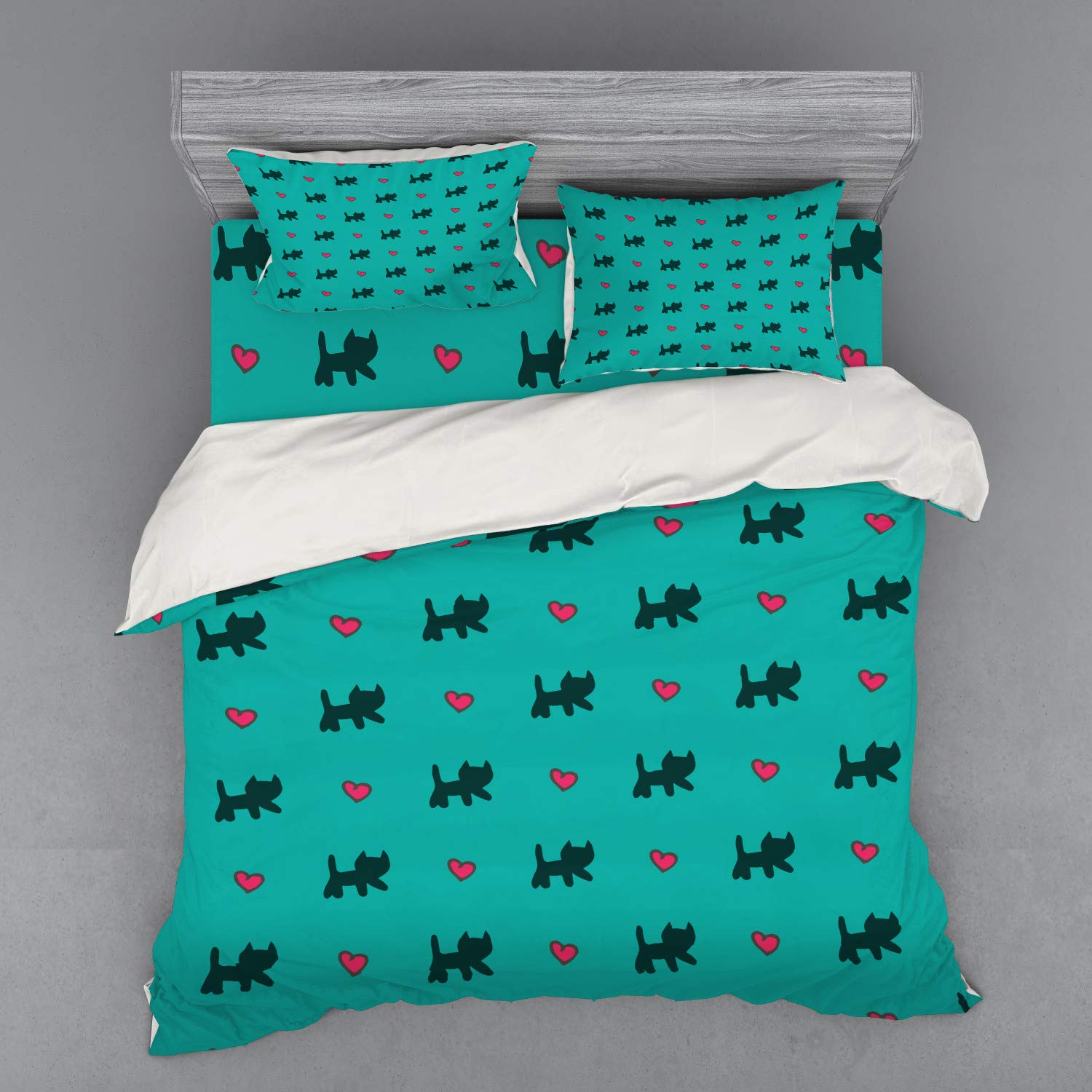 Ambesonne King Size 4-Piece Teal Bedding Set with Duvet Cover, Shams & Fitted Sheet - Cute Kittens with Pink Hearts Animal Design for Valentine's Day - Perfect for Master Bedroom, Guest Room & Cozy Home Decor (Teal, Pink, Dark Blue)