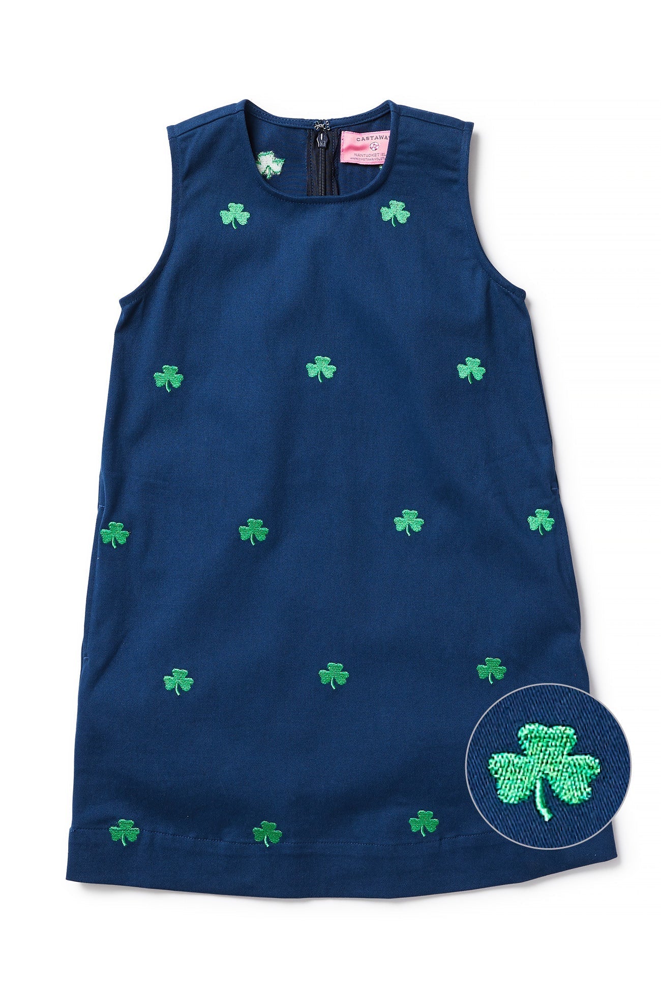 Girls' Stretch Twill Shift Dress - Nantucket Navy with Shamrock Print - Perfect for School, Parties & Casual Outings