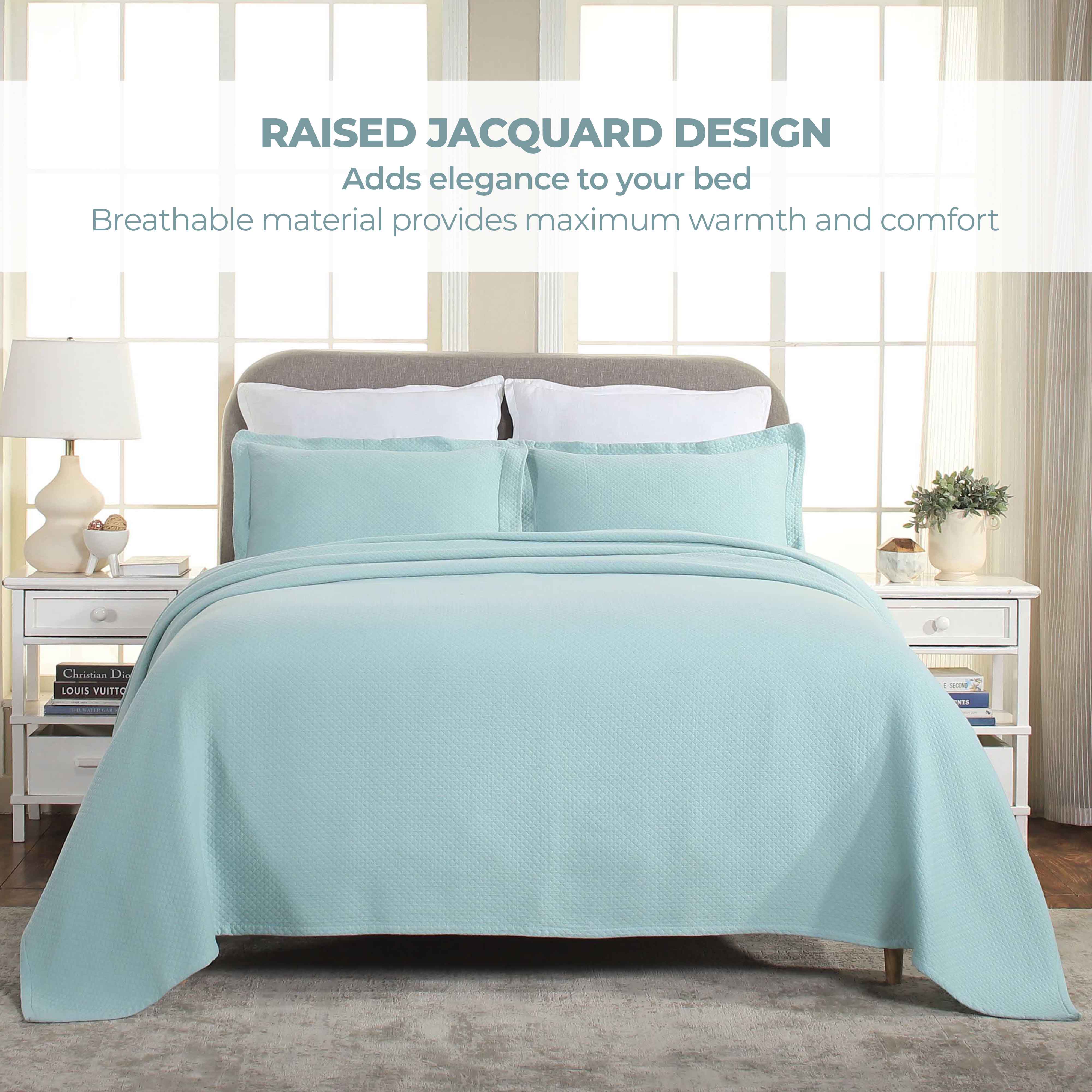 Luxury Jacquard Matelassé Cotton Diamond Solitaire Bedspread Set - Queen Size Bedding Coverlet for Master Bedroom, Guest Room & Hotel Decor