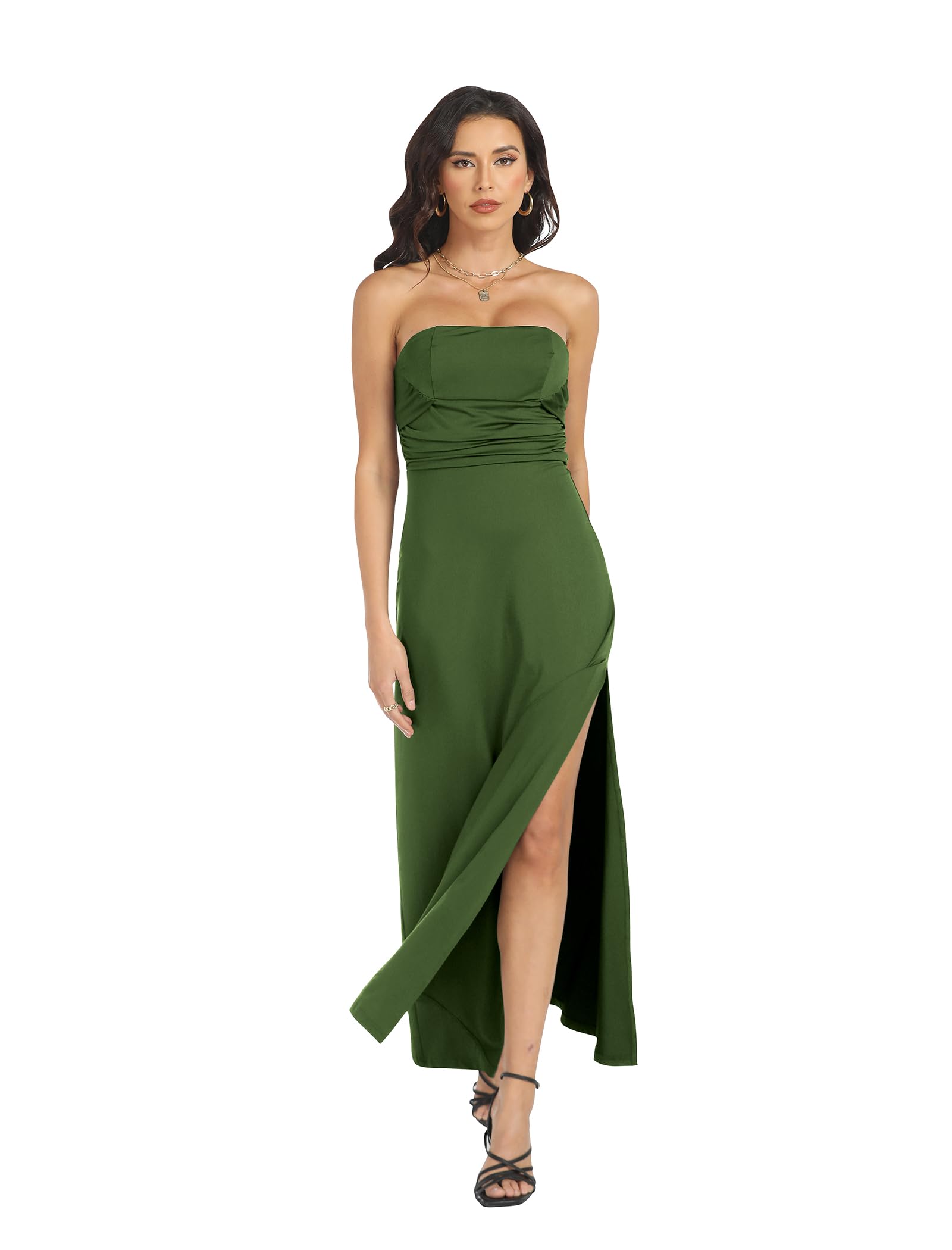 2024 Women's Strapless Halter Satin Maxi Dress with High Slit - Elegant Formal Gown for Wedding Guest, Summer Party & Special Occasions