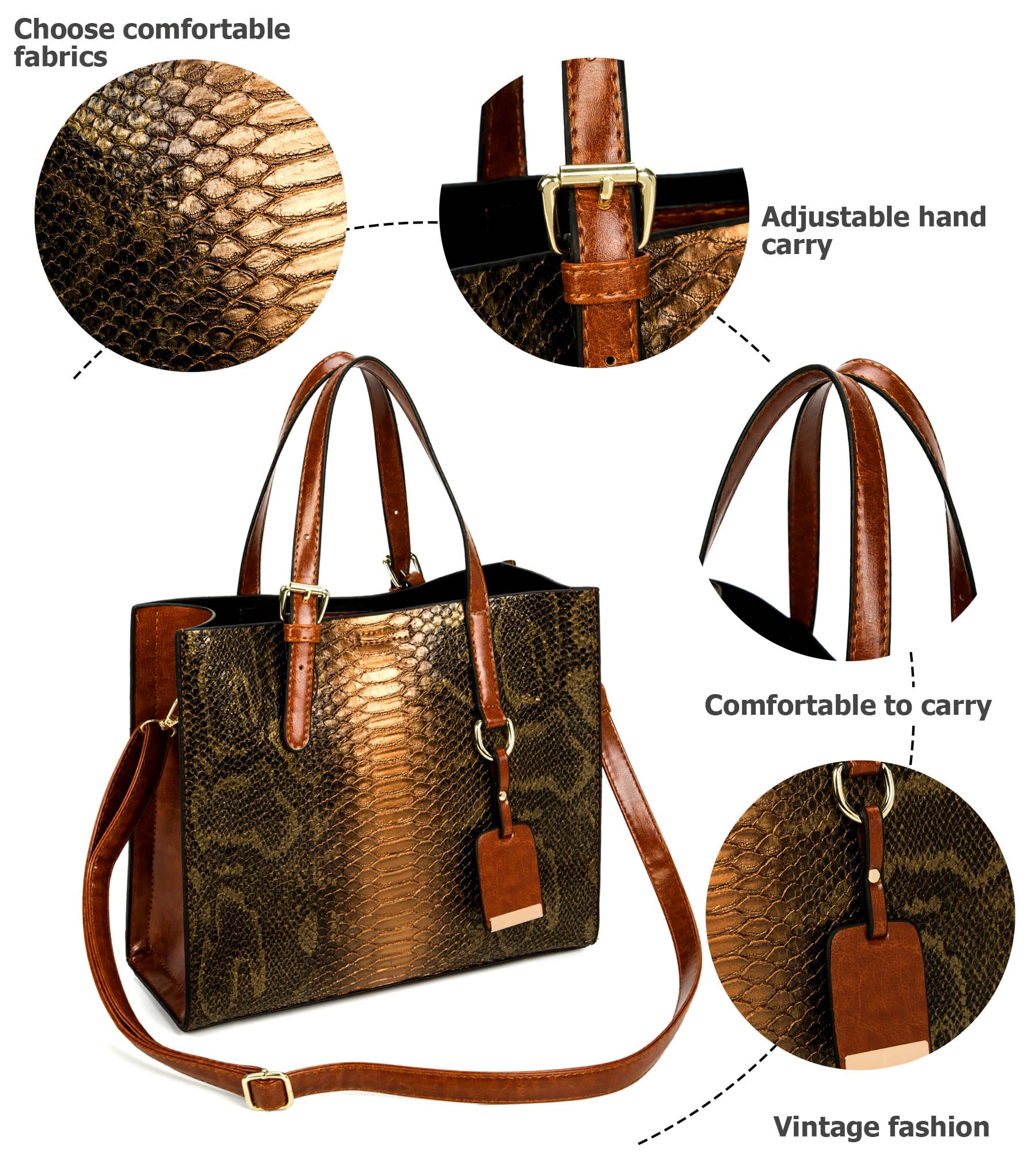 KingTo Women's Crocodile Pattern Satchel Handbag Set - Stylish Tote & Shoulder Bag 3-Piece Collection for Work, Travel & Evening Out