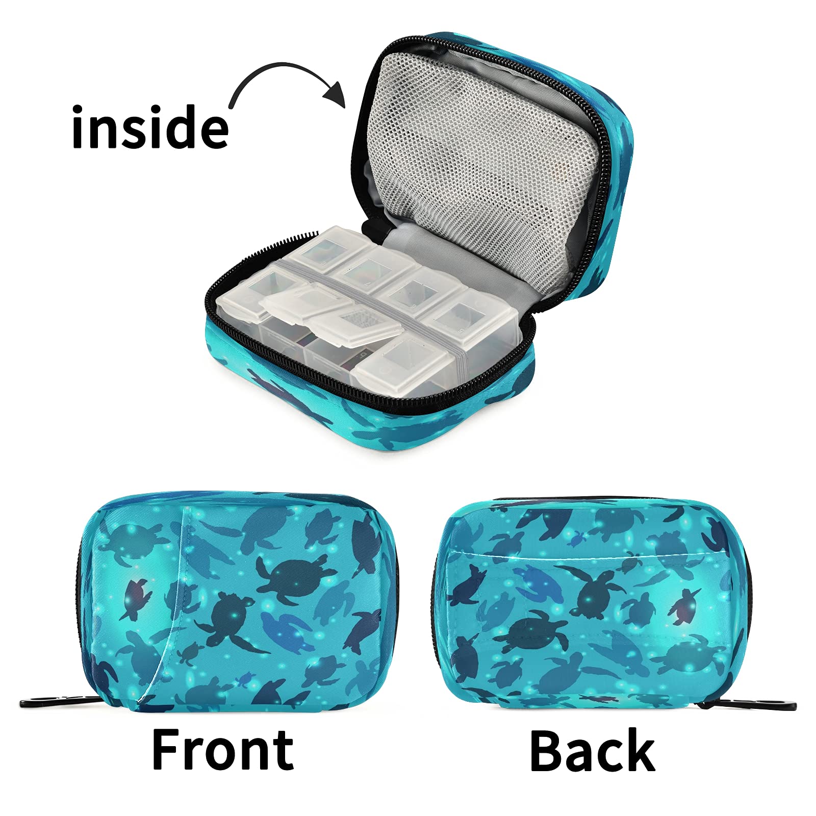 Xigua Sea Turtle Cute Travel Medicine Organizer - Compact Portable Pill Case for Vitamins & Supplements - 7-Day Zippered Pill Box Container - Perfect for Travel, Family, Business Trips & Daily Medication Management