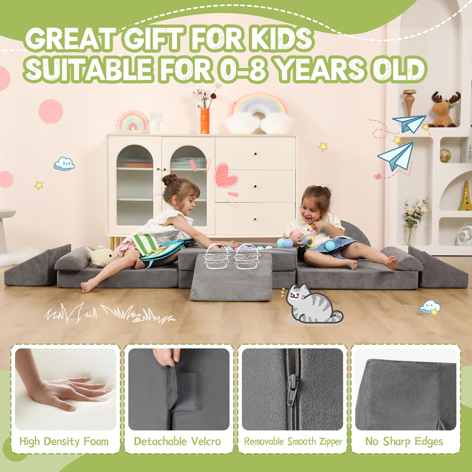 12PCS Modular Kids Play Couch - Convertible Foam Climbing Set for Toddlers | Creative Play Sofa for Boys & Girls | Grey | Perfect for Playrooms, Indoor Playtime & Imaginative Activities