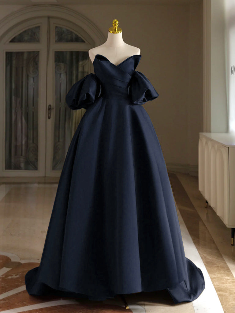 Elegant A-Line V-Neck Satin Dark Blue Long Prom Dress | Formal Evening Gown for Homecoming, Ball, and Special Occasions