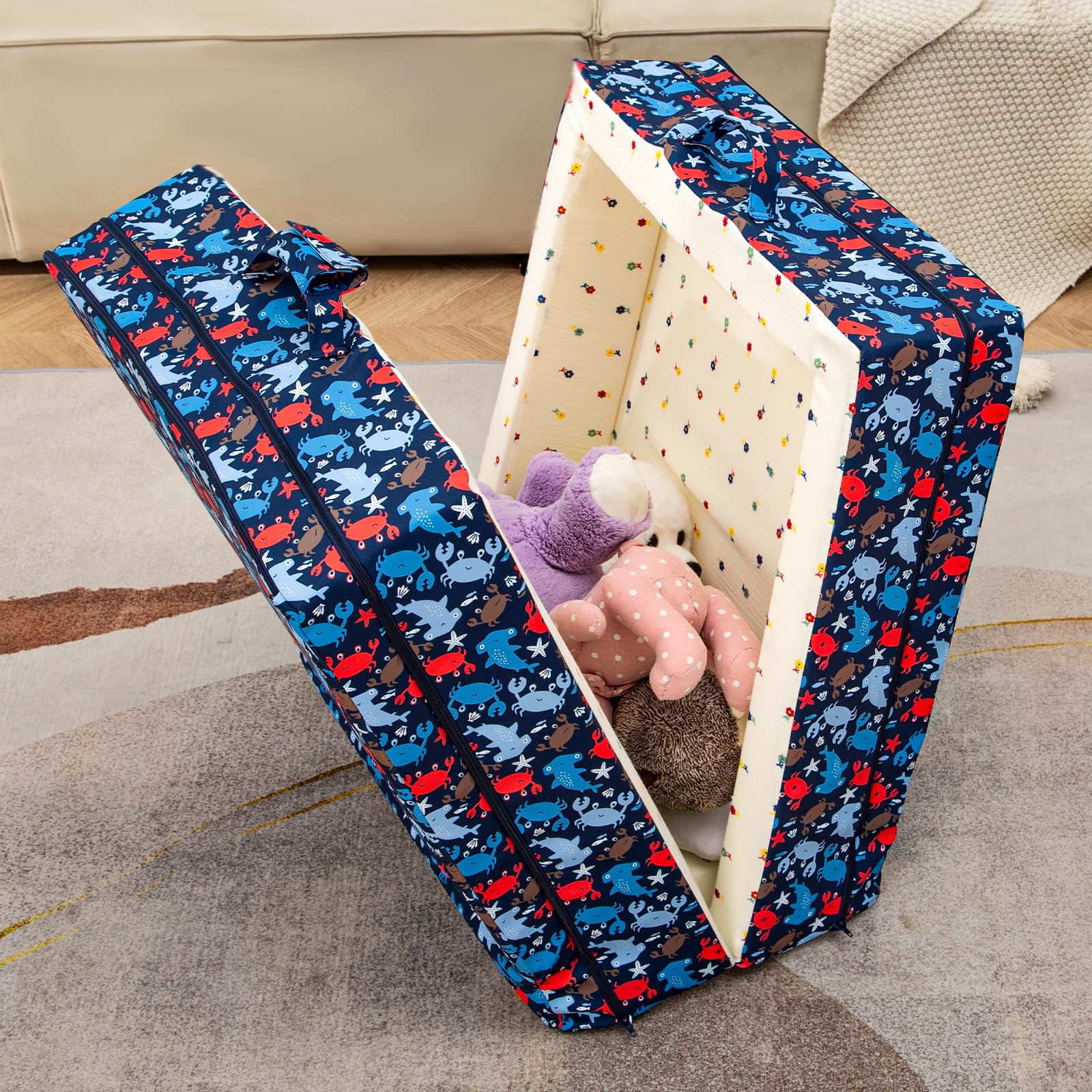 100% Cotton Portable Foldable Toddler Travel Bed - Soft Foam Floor Mattress with Washable Cover | Safe & Comfortable Baby Crib for Home, Daycare & Travel | Ocean Blue