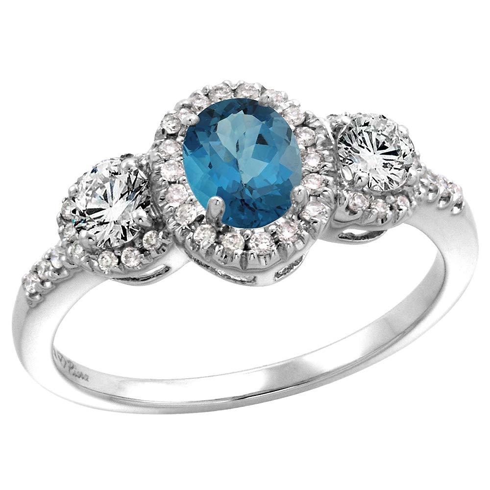 14K White Gold Oval London Blue Topaz Halo Engagement Ring with Genuine Diamonds - 7x5mm, Size 6 - Perfect for Proposals, Anniversaries & Bridal Jewelry