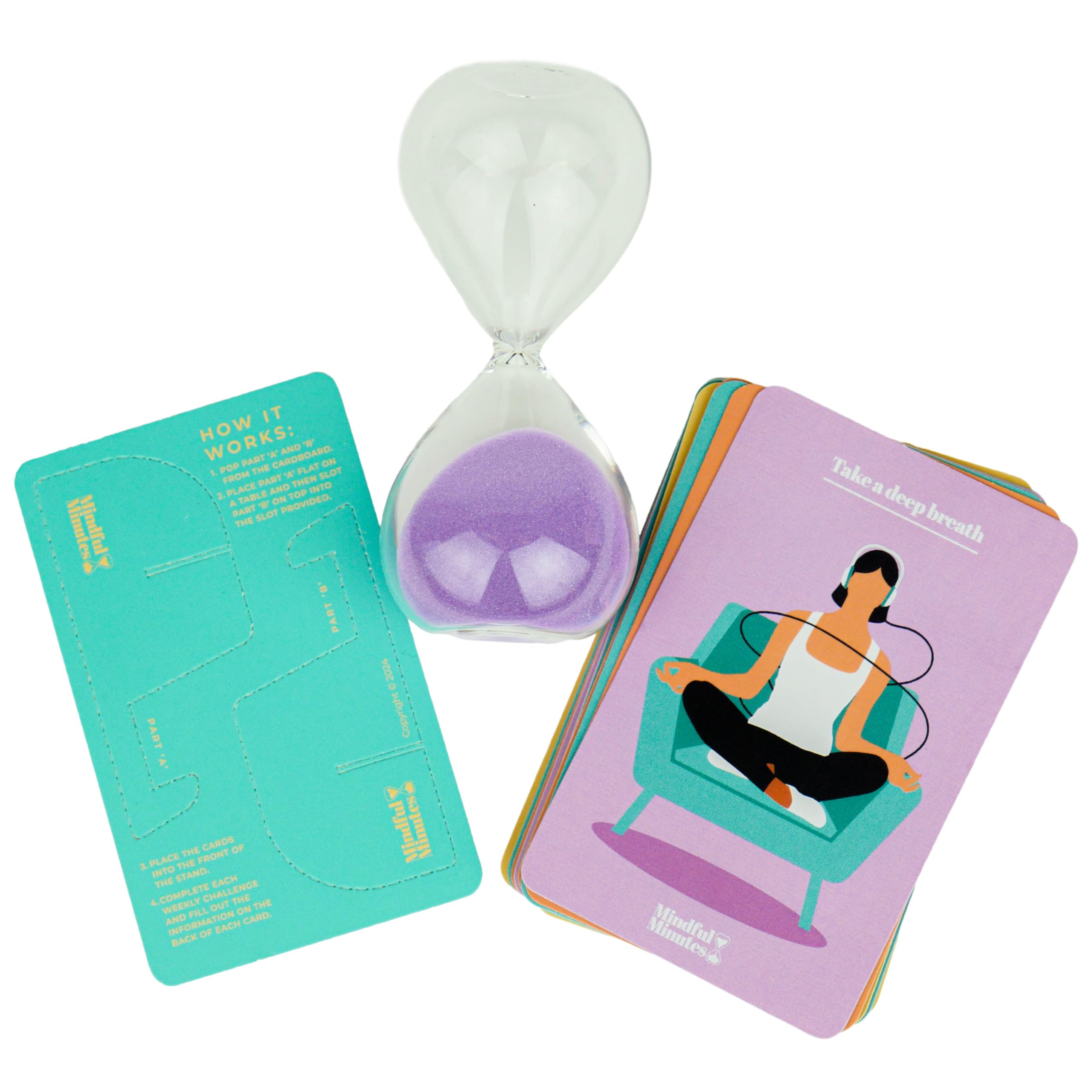 Mindful Minutes Meditation Cards with 5-Minute Sand Timer - Anxiety Relief & Self-Care Affirmation Kit for Mindfulness Practice | Perfect for Yoga, Therapy Sessions & Stress Management at Home or Office