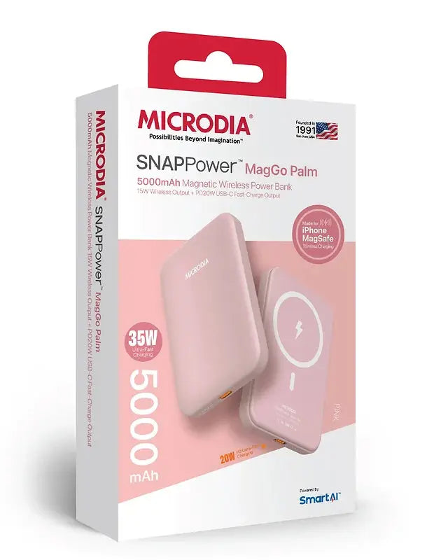 MICRODIA SNAPPower™ MagGo Palm - 5000mAh/10000mAh Magnetic Wireless Power Bank with 15W Fast Wireless Charging & 20W PD USB-C Fast Charging | Portable Charger for iPhone 15/14/13/12, Samsung Galaxy, AirPods | Perfect for Travel, Work & Outdoor Activities