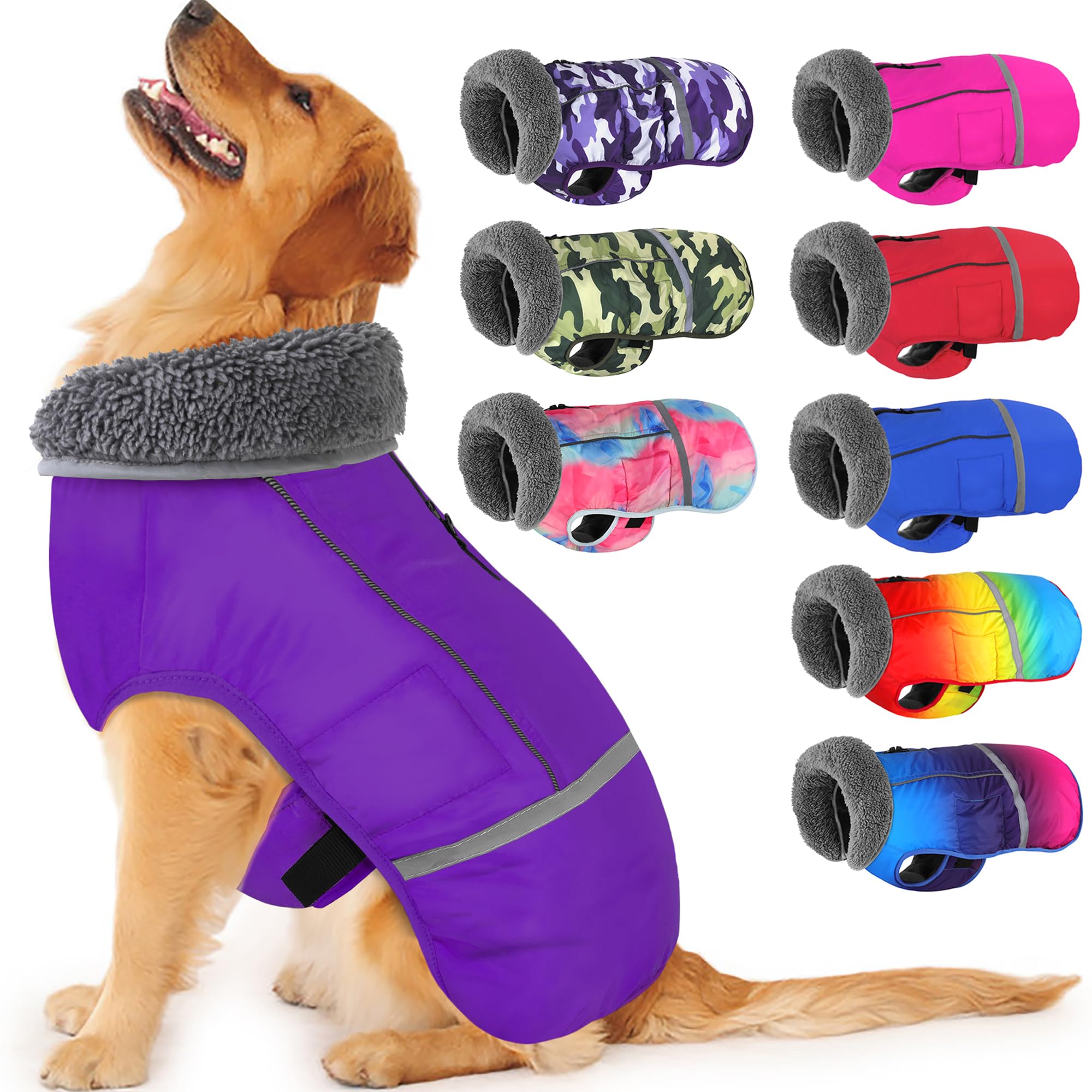 Waterproof Adjustable Reflective Dog Winter Coat with Buckle - Windproof Fleece Snow Jacket for Small Medium Large Dogs - Purple (M) - Ideal for Cold Weather Walks, Outdoor Adventures & Winter Protection