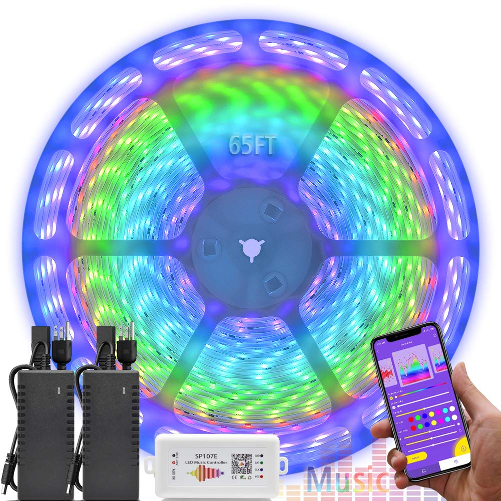 65.6ft RGB LED Strip Lights with Music Sync & Color Chasing - 24V Waterproof Addressable Tape Light (20M/65.6ft) - Works with SP107E Controller, iOS & Android - Perfect for Bedroom, Party & Home Decoration Lighting