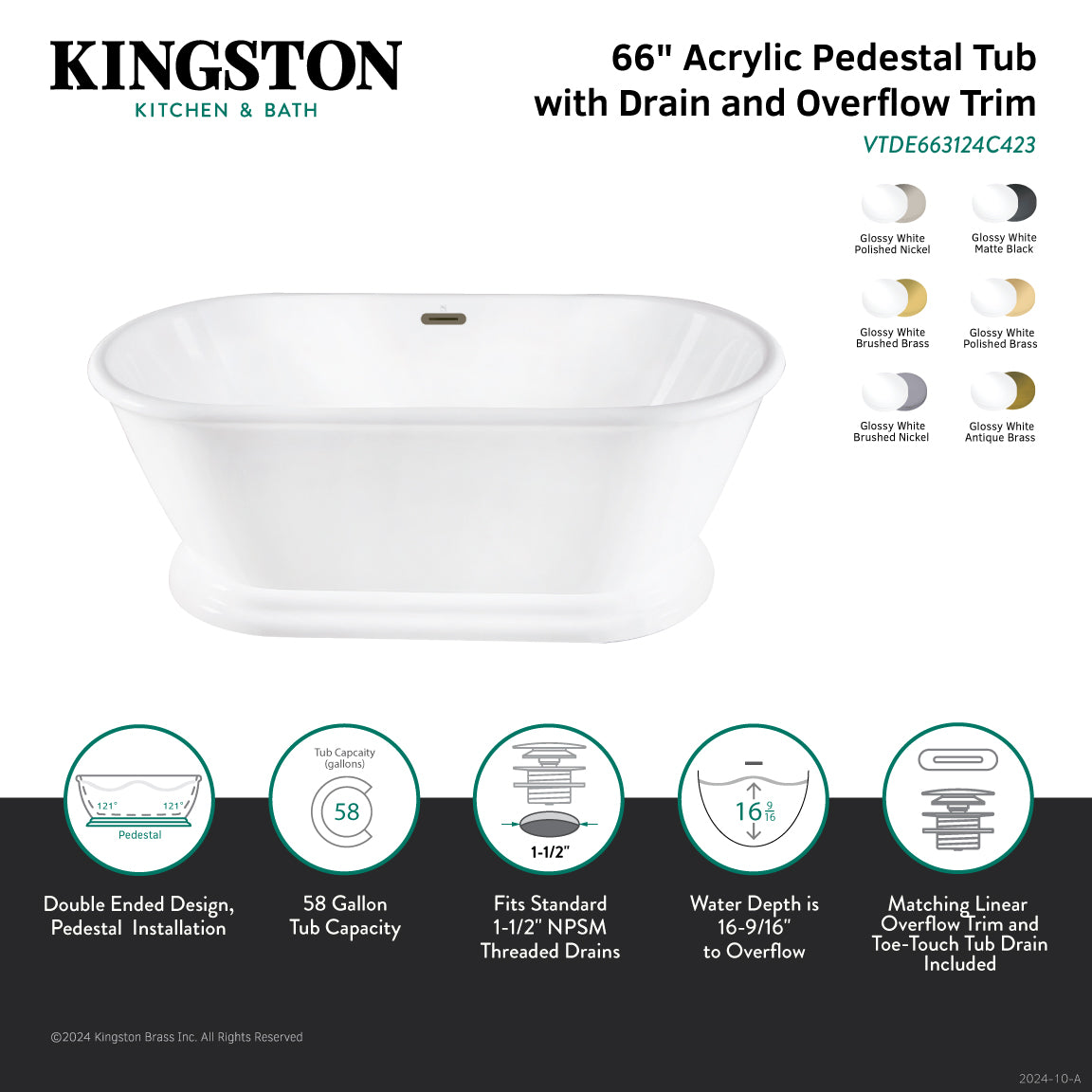 Aqua Eden 66 Inch Acrylic Oval Double-Ended Freestanding Bathtub - Glossy White with Polished Brass Pedestal - No Faucet Drillings - Luxury Soaking Tub for Spa-Like Bathroom Retreat