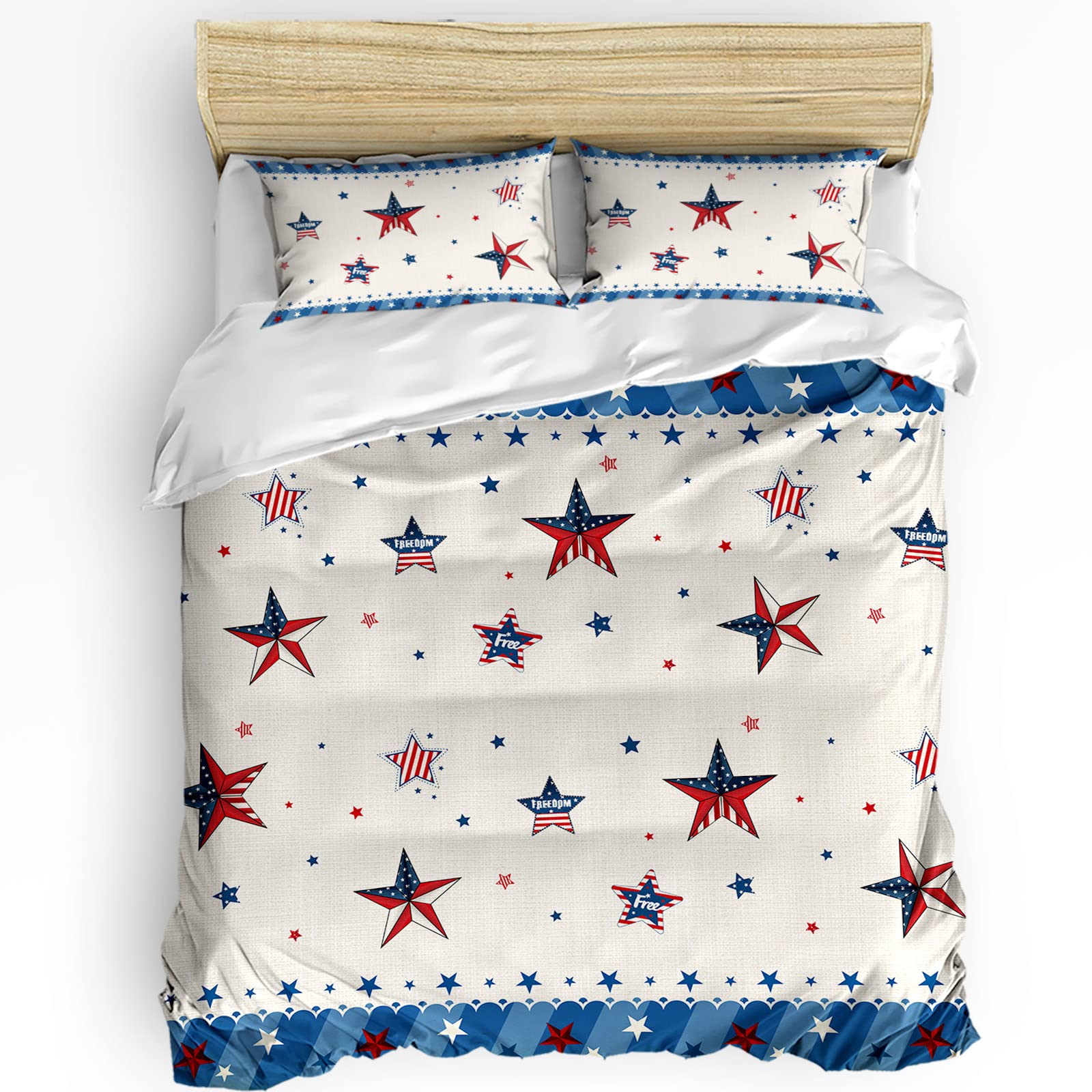 4th of July Patriotic Duvet Cover Set California King Size - 3 Piece Farmhouse Style Bedding with Zipper Closure & Ties - Ultra Soft Comforter Cover + 2 Pillow Shams - Perfect for Independence Day Decor, Guest Room or Cozy Farmhouse Bedroom