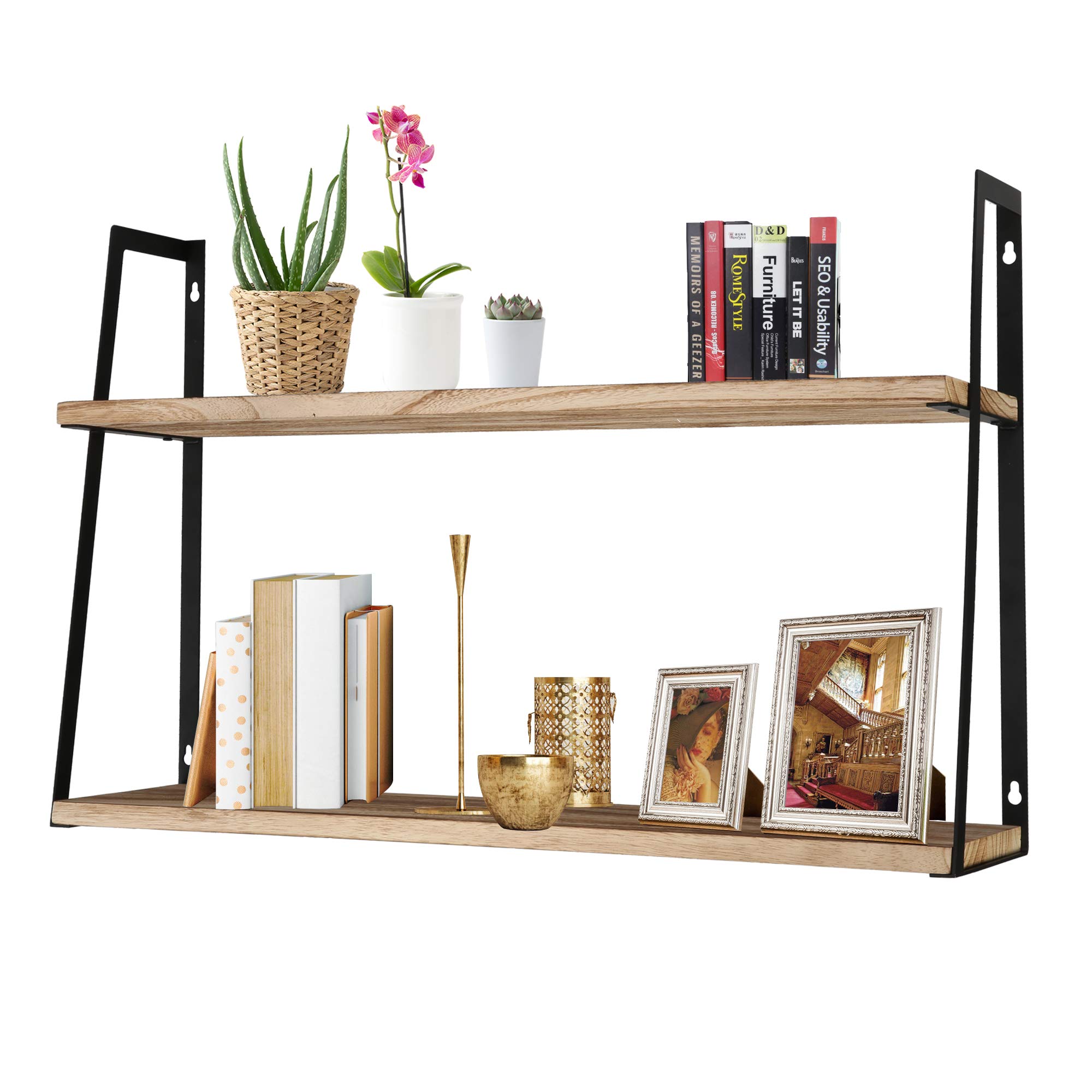 Vilobos 2-Tier Floating Shelf - Solid Wood Wall Mounted Storage Shelf with Metal Brackets for Home, Office & Kitchen (24