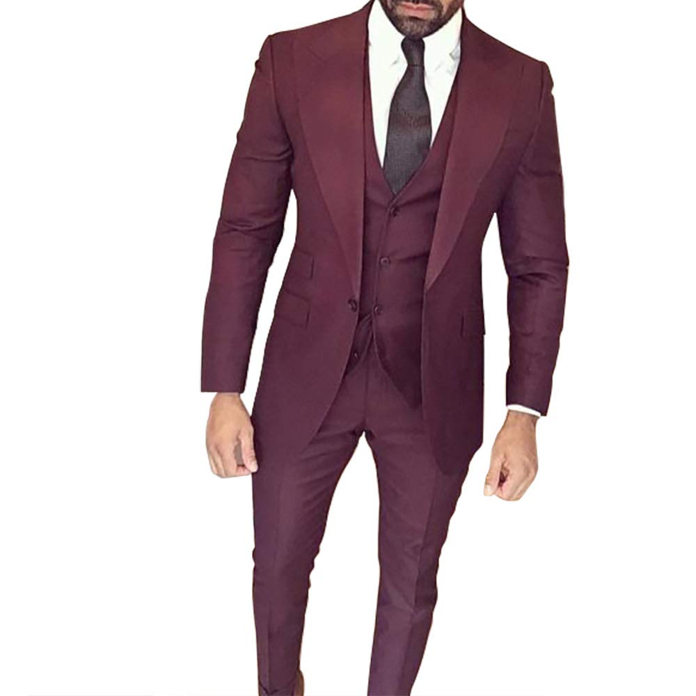 Men's Burgundy Wine Red 3-Piece Wedding Suit Set - Slim Fit Tuxedo Blazer, Pants & Vest for Groomsmen | Perfect for Formal Weddings, Proms & Black Tie Events