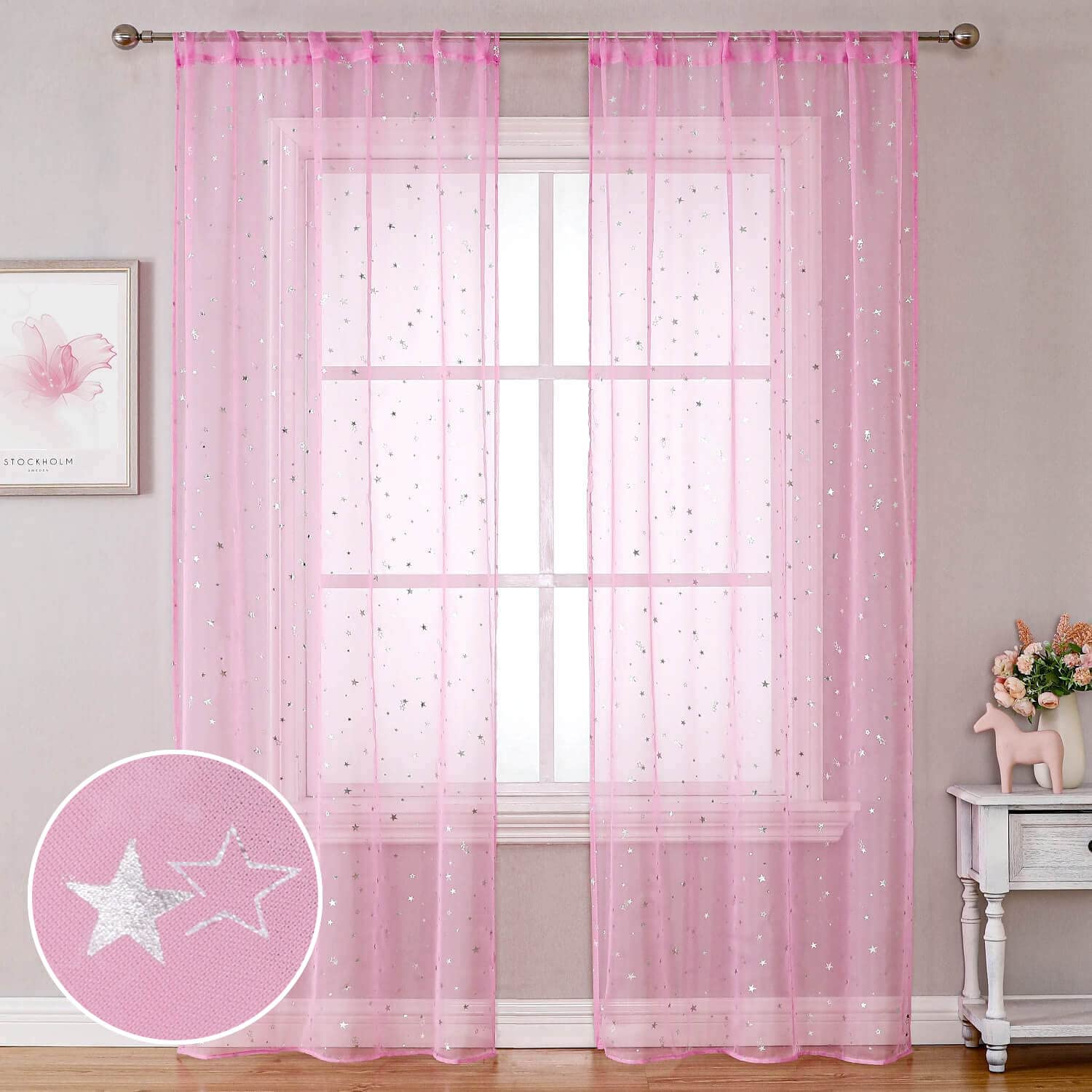 Pink Star Sheer Curtains for Girls Room - 39x79 Inch Light Filtering Tulle Window Drapes with Rod Pocket, Nursery & Kids Bedroom Decor, Perfect for Living Room, Bedroom, and Playroom Window Treatments