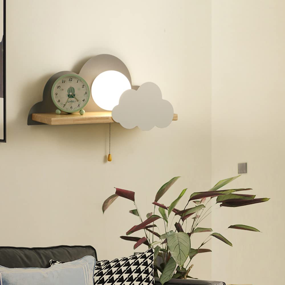 LITFAD Modern LED Wall Sconce Light - Cute Sun & Cloud Design with Pull Chain & Shelf, White Metal Wall Lamp for Girls Bedroom, Kids Room, Hotel Corridor & Stairway - Perfect for Night Light, Nursery Decor & Cozy Ambiance