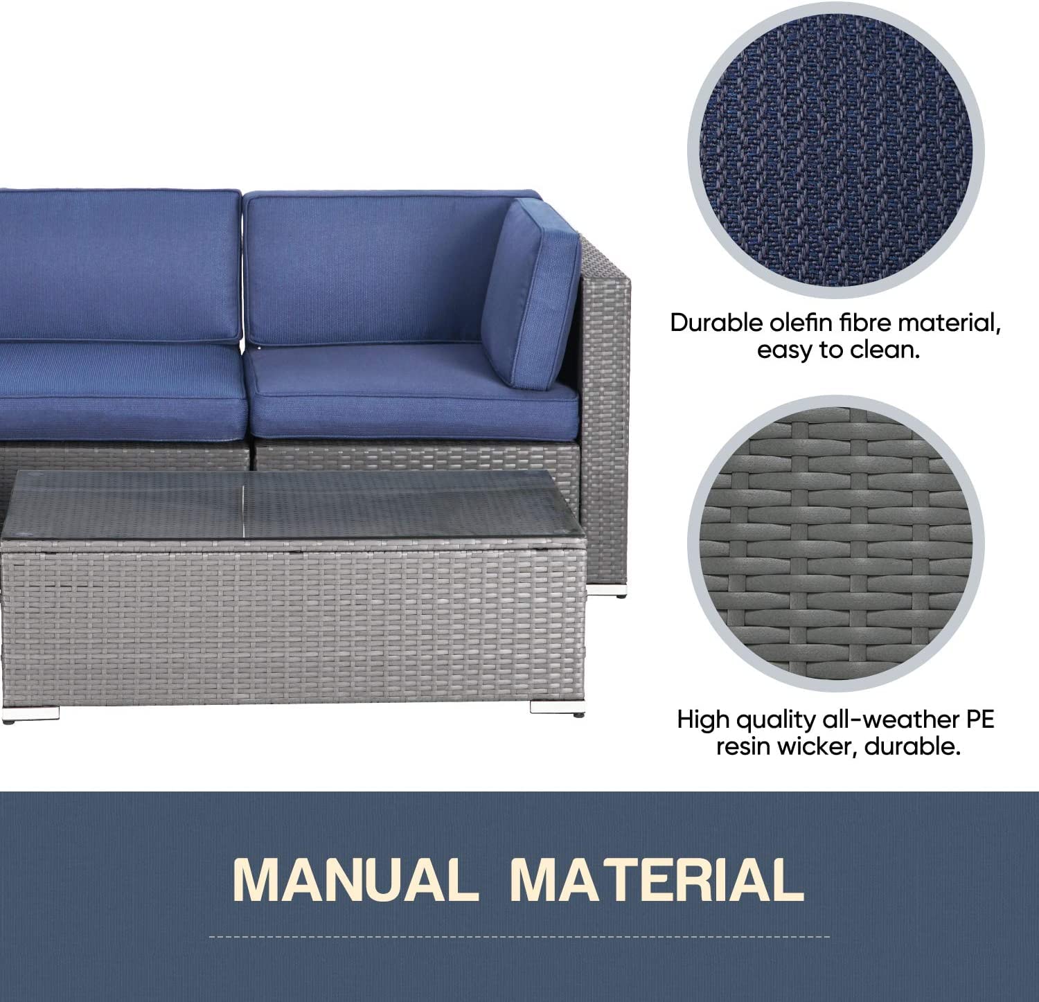 5-Piece All-Weather Outdoor Patio Furniture Set - Grey Wicker Sectional Sofa with Dark Blue Cushions & Glass Coffee Table - Perfect for Backyard, Garden, Poolside or Deck Relaxation