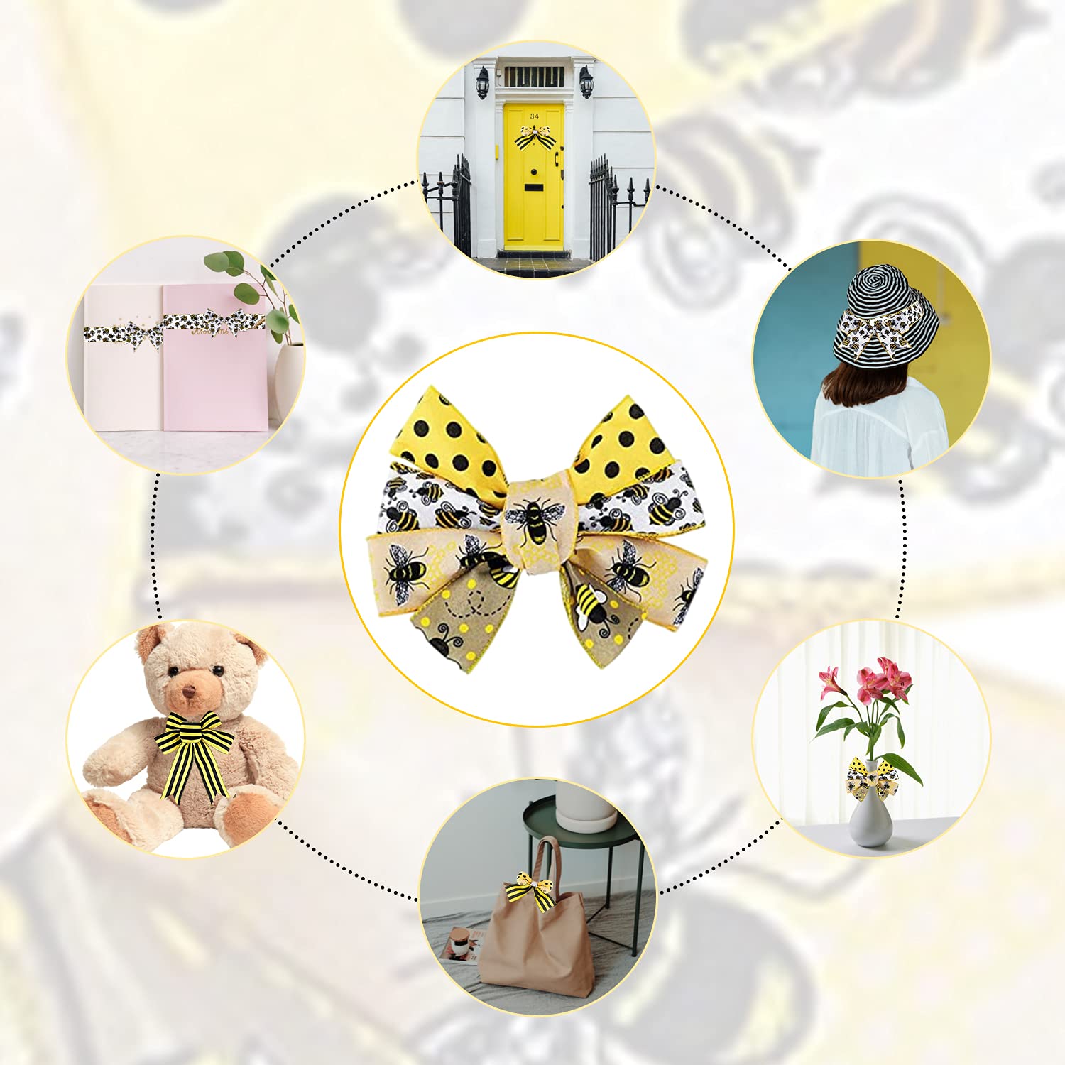 6 Rolls 40 Yards Bee Themed Wired Edge Ribbon - Honeybee Craft Ribbon for Gift Wrapping, Easter Decorations, Baby Shower & Birthday Party Supplies (DIY, Scrapbooking, Floral Arrangements)