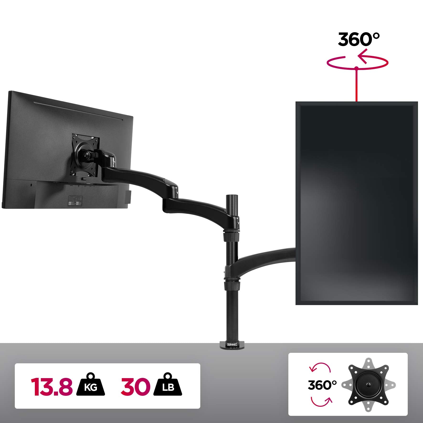 Duronic DM451X3 Single Monitor Arm Stand - Adjustable Aluminum Desk Mount for 13-27