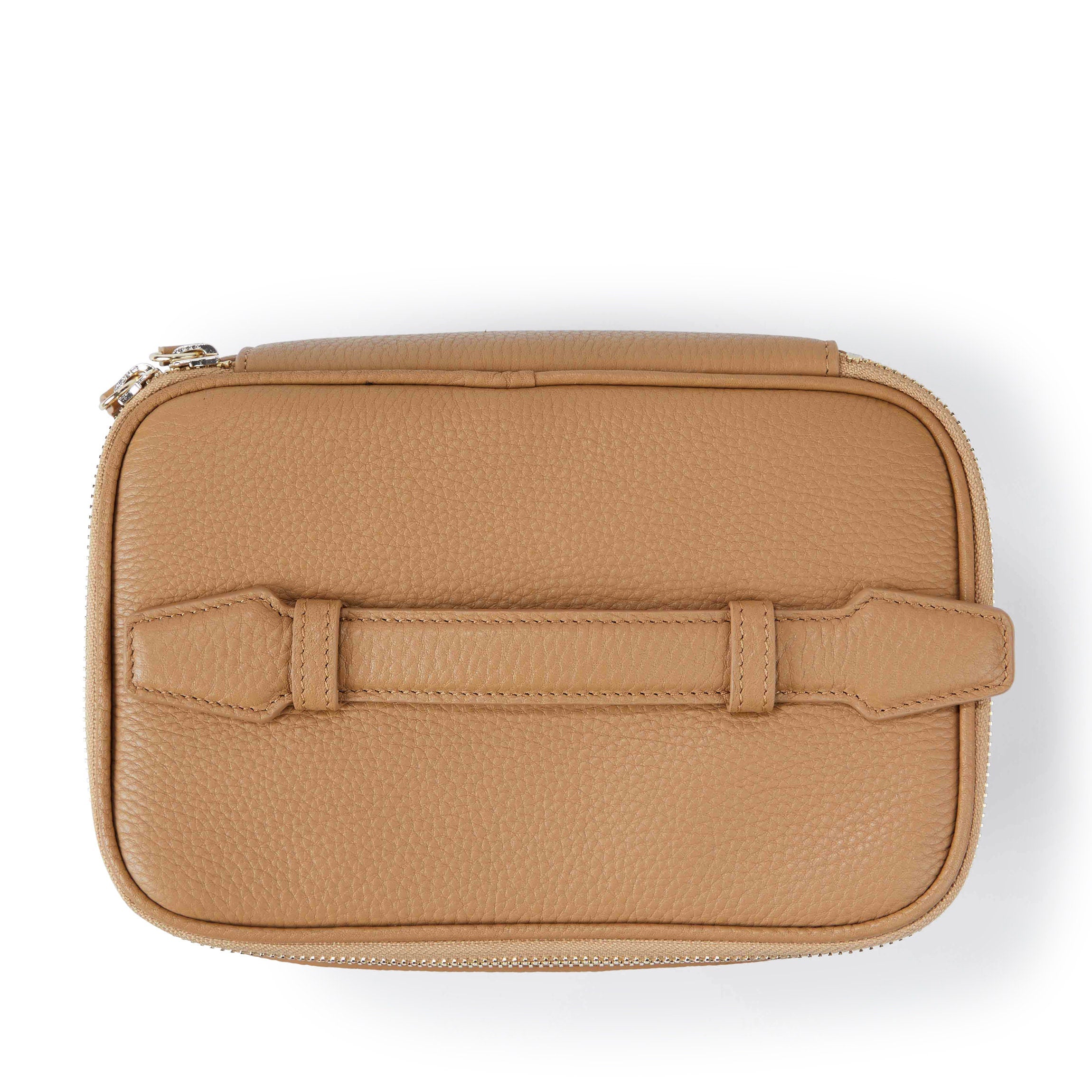 Professional Medium Train Case Makeup Organizer - Portable Cosmetic Storage Box for Travel & Salon Use | Durable Camel Color Design