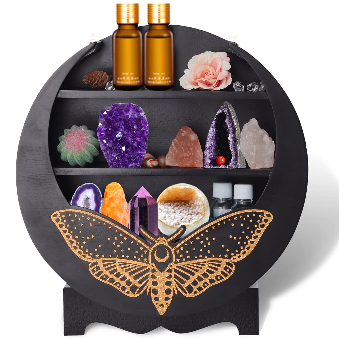 Moon Phase Shelf with Stand - Crystal Display Shelf - Boho Home Decor - Witchcraft & Gemstone Holder - Wall Mounted Moon Shelf for Crystals & Spiritual Decor - Perfect for Bedroom, Altar, or Meditation Space