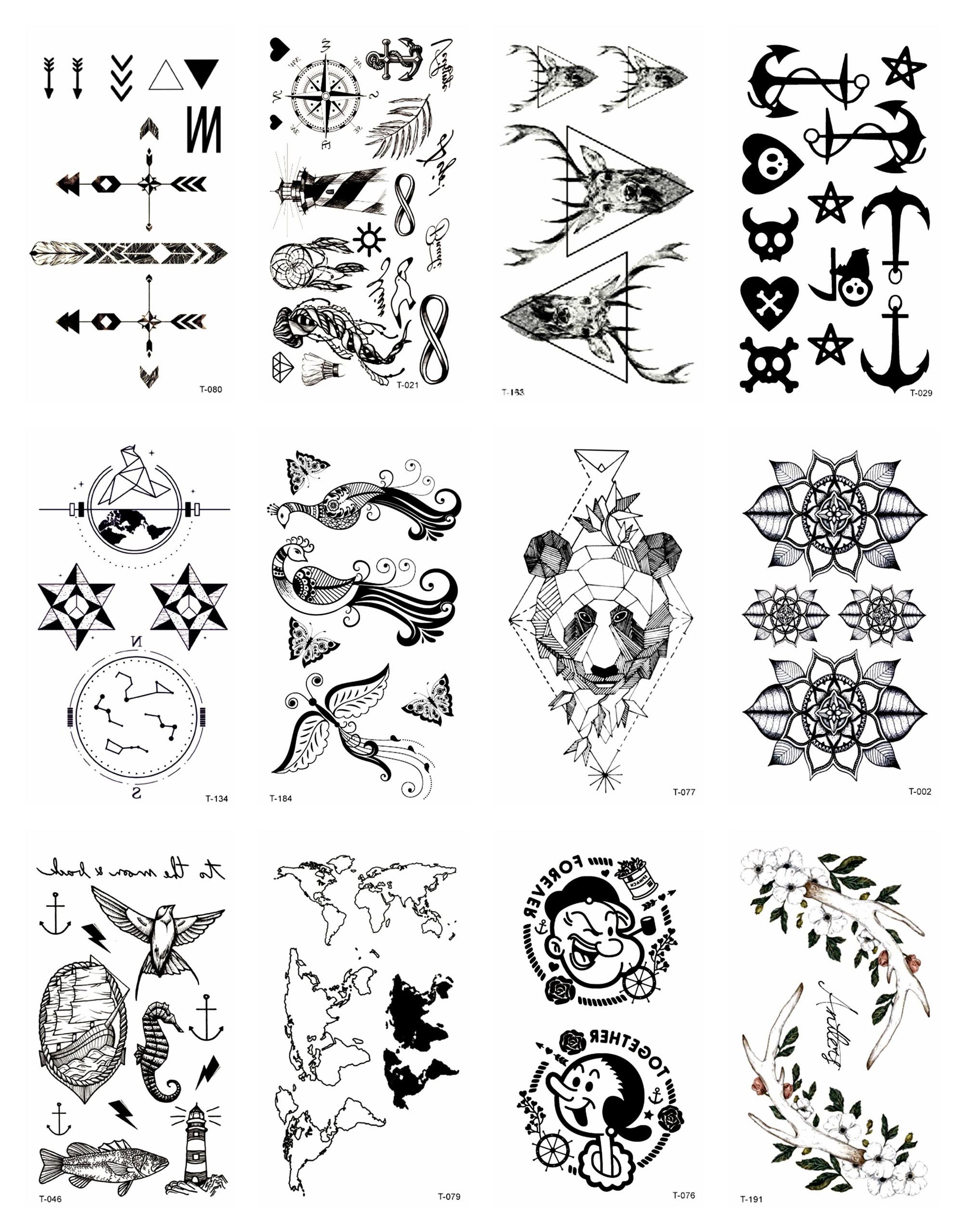 12 Sheets Black Panda Anchor Temporary Tattoos - Waterproof Fake Tattoo Stickers for Halloween Costume, Face & Body Decals - Perfect for Parties, Cosplay & Festivals