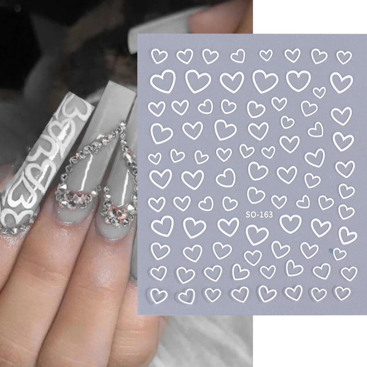 Valentine's Day Heart Nail Art Stickers - 8PCS 3D Self-Adhesive Love Heart Nail Decals for Manicure (Silver, White, Gold) | Perfect for Valentine's Nail Designs, DIY Nail Art, and Special Occasion Nail Decorations