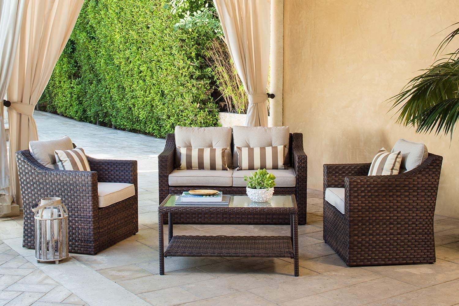 SOLAURA 4-Piece Outdoor Patio Furniture Set - All-Weather Wicker Sectional Sofa with Tempered Glass Coffee Table, Brown - Perfect for Backyard, Garden, and Poolside Relaxation