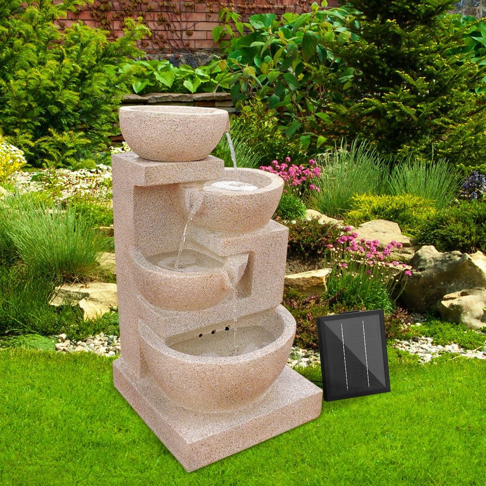 Gardeon 4 Tier Solar Powered Outdoor Water Fountain with LED Lights - Sand Beige Color | Perfect for Garden, Patio, and Backyard Decor