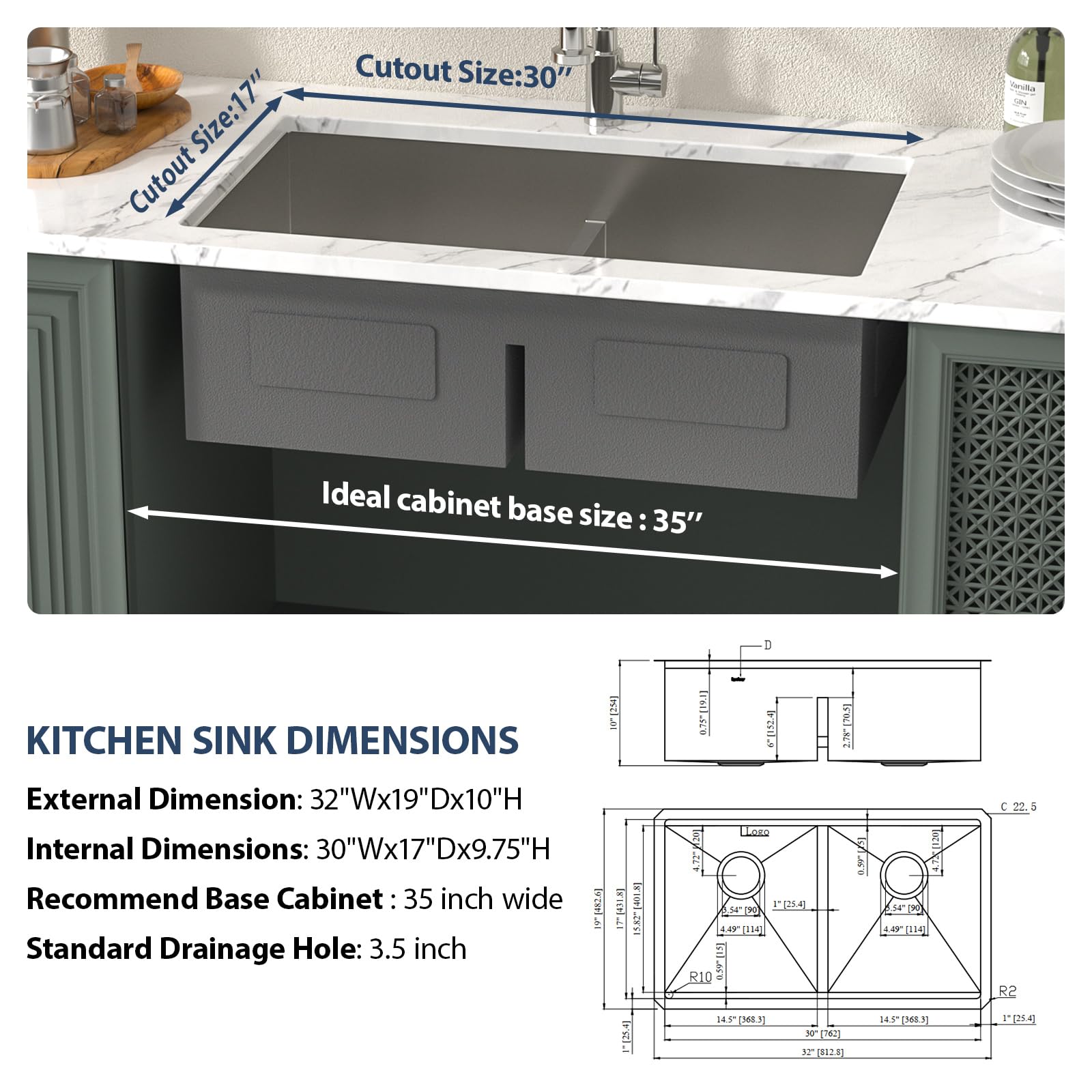Lordear 32 Inch Undermount Double Bowl Kitchen Sink - 16 Gauge Stainless Steel with Smart Low Divider, 32x19 Inch Double Basin (50/50) - Perfect for Modern Kitchens, Dishwashing & Food Prep