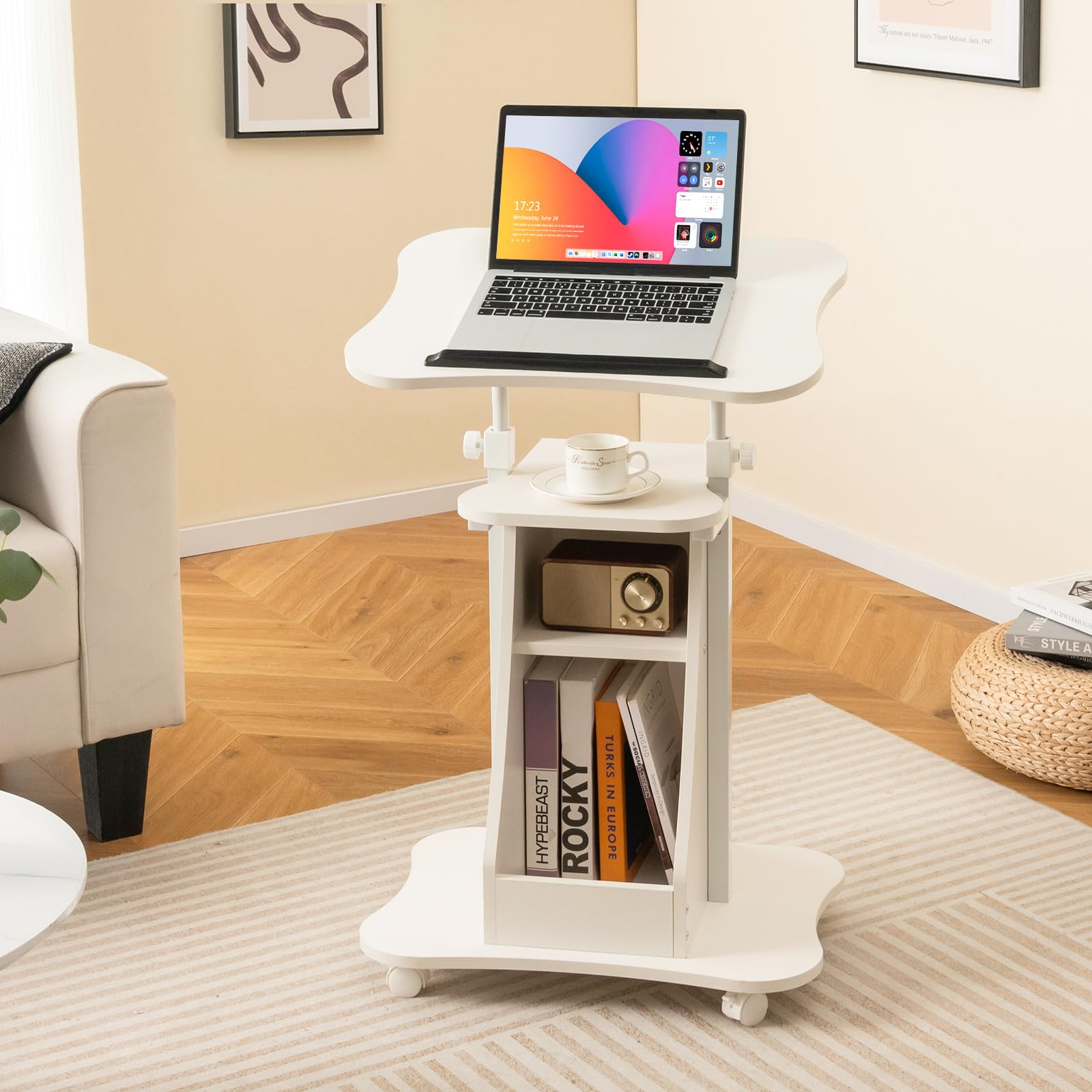 Giantex Adjustable Mobile Podium Stand - Rolling Laptop Cart with Tilting Tabletop & Storage | Lockable Wheels for Classroom, Church, Home Office (White) | Perfect for Presentations, Teaching & Remote Work