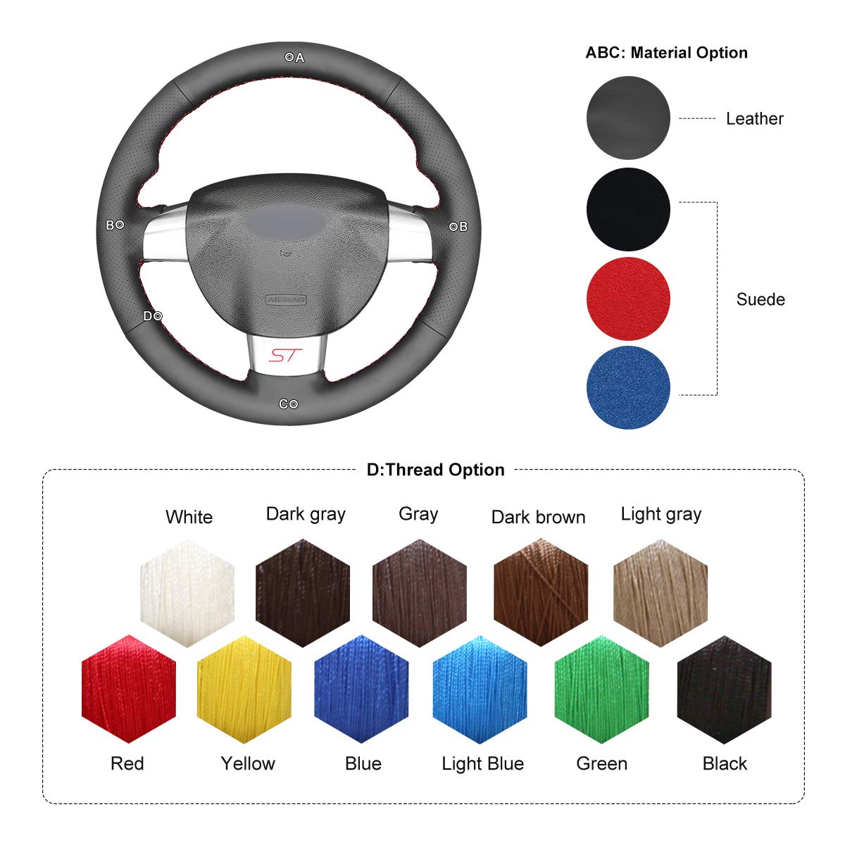 Custom Genuine Leather Steering Wheel Cover for Ford Focus ST 2005-2012 & RS 2009-2011 | Breathable Hand-Stitched Car Accessory | Perfect for Daily Driving & Enhanced Grip