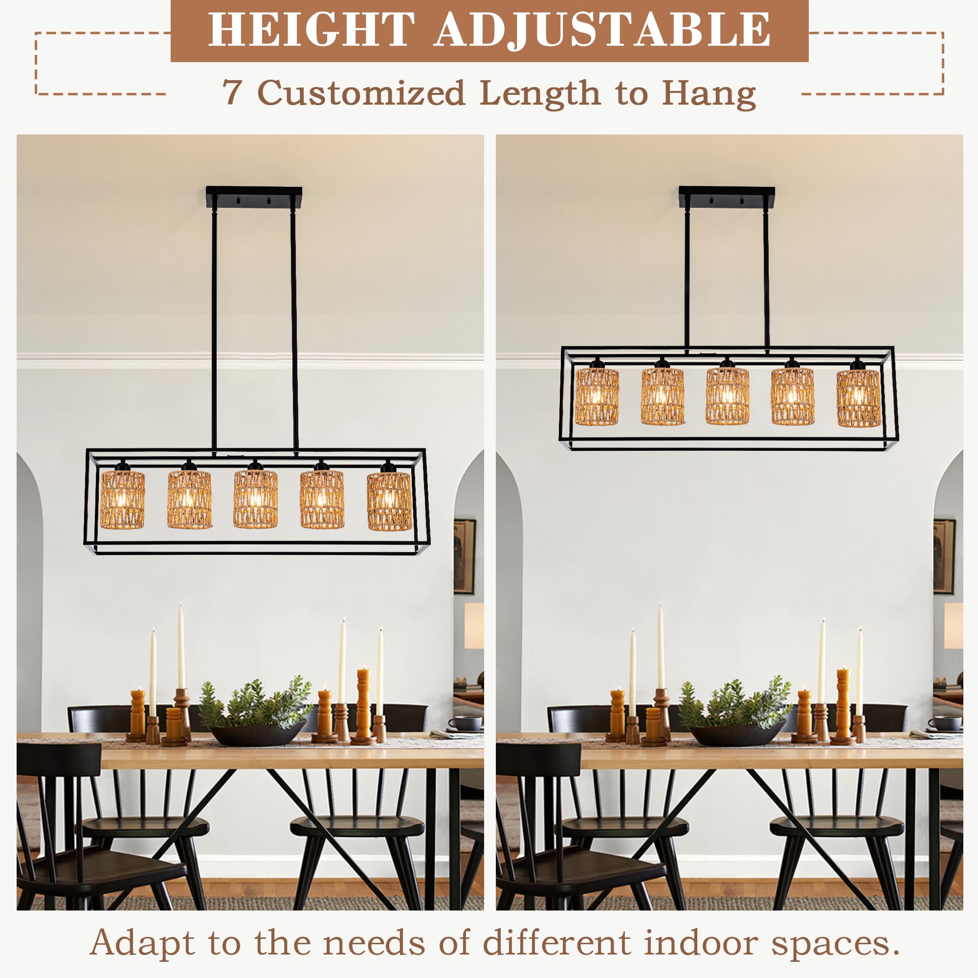 5-Light Rattan Kitchen Island Chandelier - Modern Boho Rustic Hanging Light Fixture for Dining Room & Farmhouse Kitchen | Perfect Over Tables & Kitchen Islands