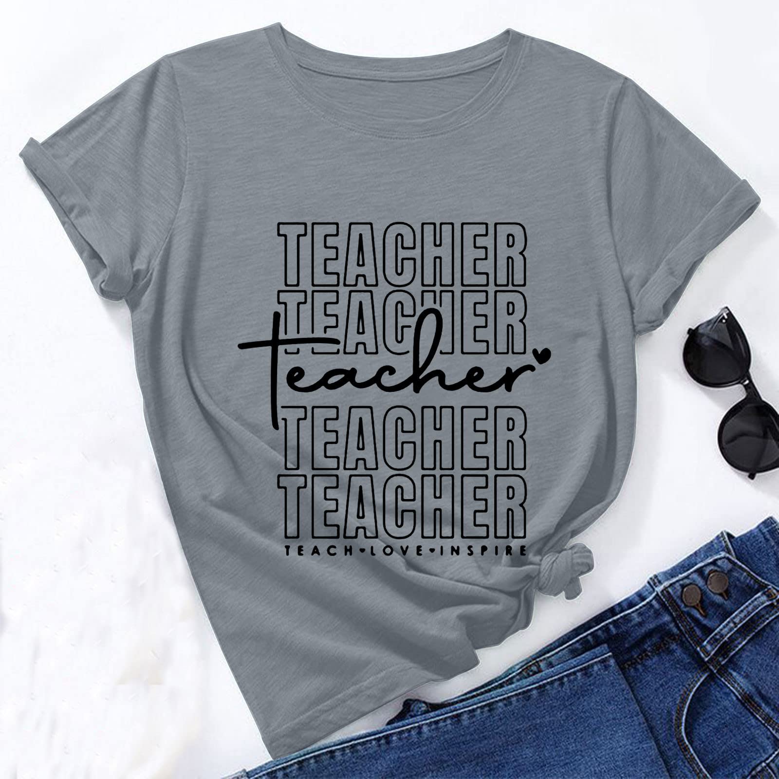 Oelaio Women's Fashion Teacher T-Shirt - Cute Print Short Sleeve Loose Fit Round Neck Pullover Top for Teacher Appreciation Day & Everyday Wear - Perfect for Classroom, School Events & Casual Outfits