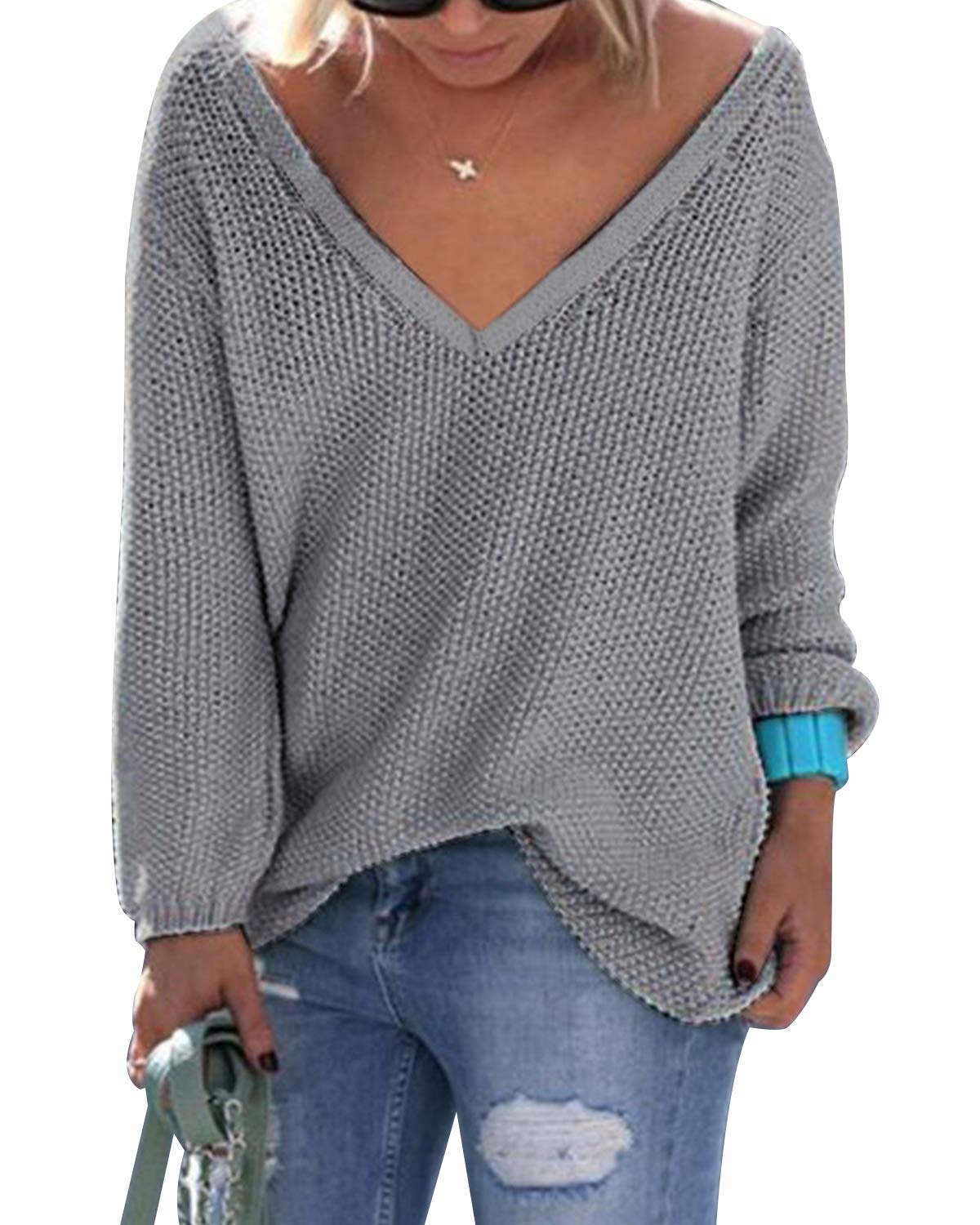 YOINS Women's Sexy V-Neck Long Sleeve Sweater - Loose Casual Pullover Knit Top for Fall & Winter | Perfect for Office, Date Night & Cozy Weekends