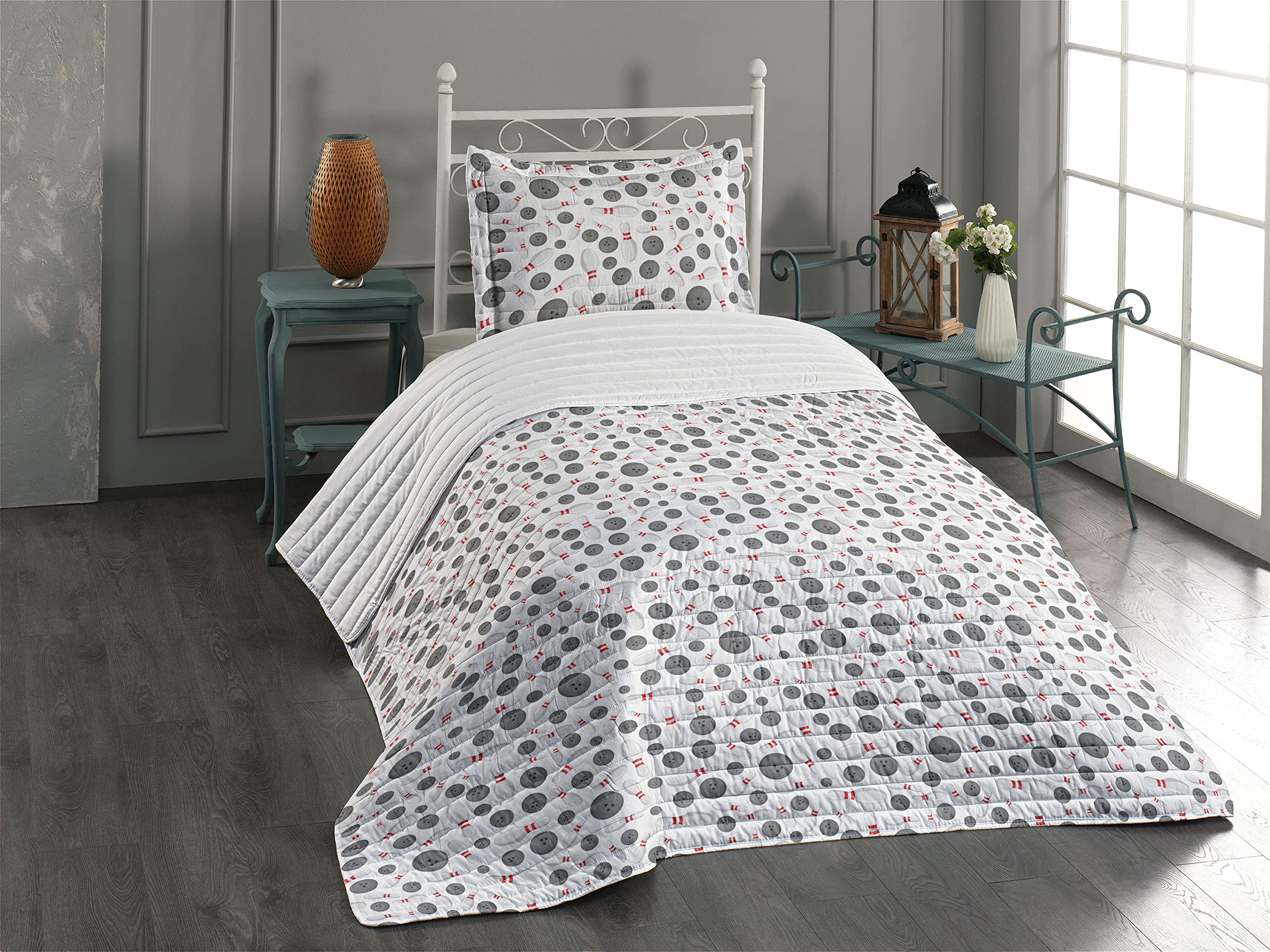 Ambesonne Bowling Microfiber Bedspread Set - Realistic Bowling Game Design on Plain Backdrop, Soft Twin Size Bedding with Pillow Sham & Comforter in Grey White Red | Perfect for Bowling Enthusiasts, Game Room Decor, and Sports-Themed Bedrooms