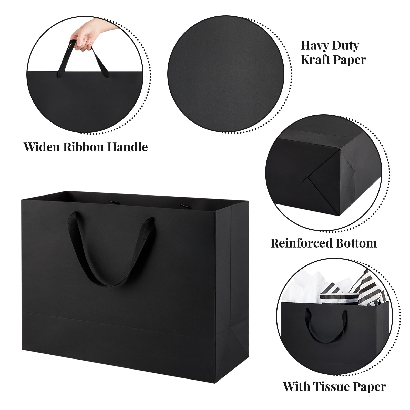 12 Pack 16 Inch Extra Large Black Kraft Paper Gift Bags with Ribbon Handles & Tissue Paper - 16x6x12 Inches - Perfect for Holiday Gifts, Retail Merchandising & Party Favors