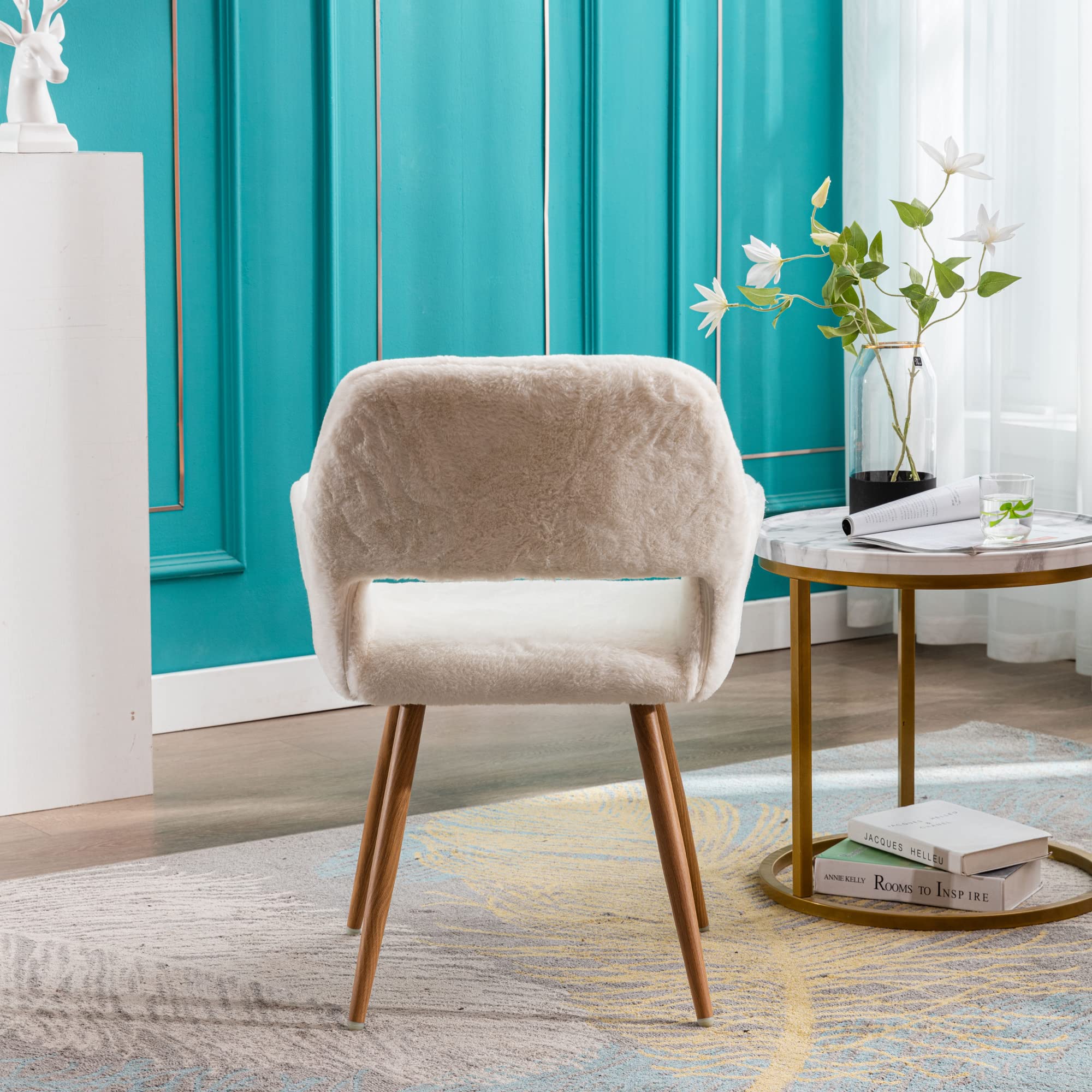 Mid-Century Modern Faux Fur Desk Chair Set of 2 - Comfy Accent Armchair with Wood-Look Metal Legs for Living Room, Dining Room, Home Office & Vanity - Perfect for Teen Girls Bedroom & Makeup Area (White, No Wheels)