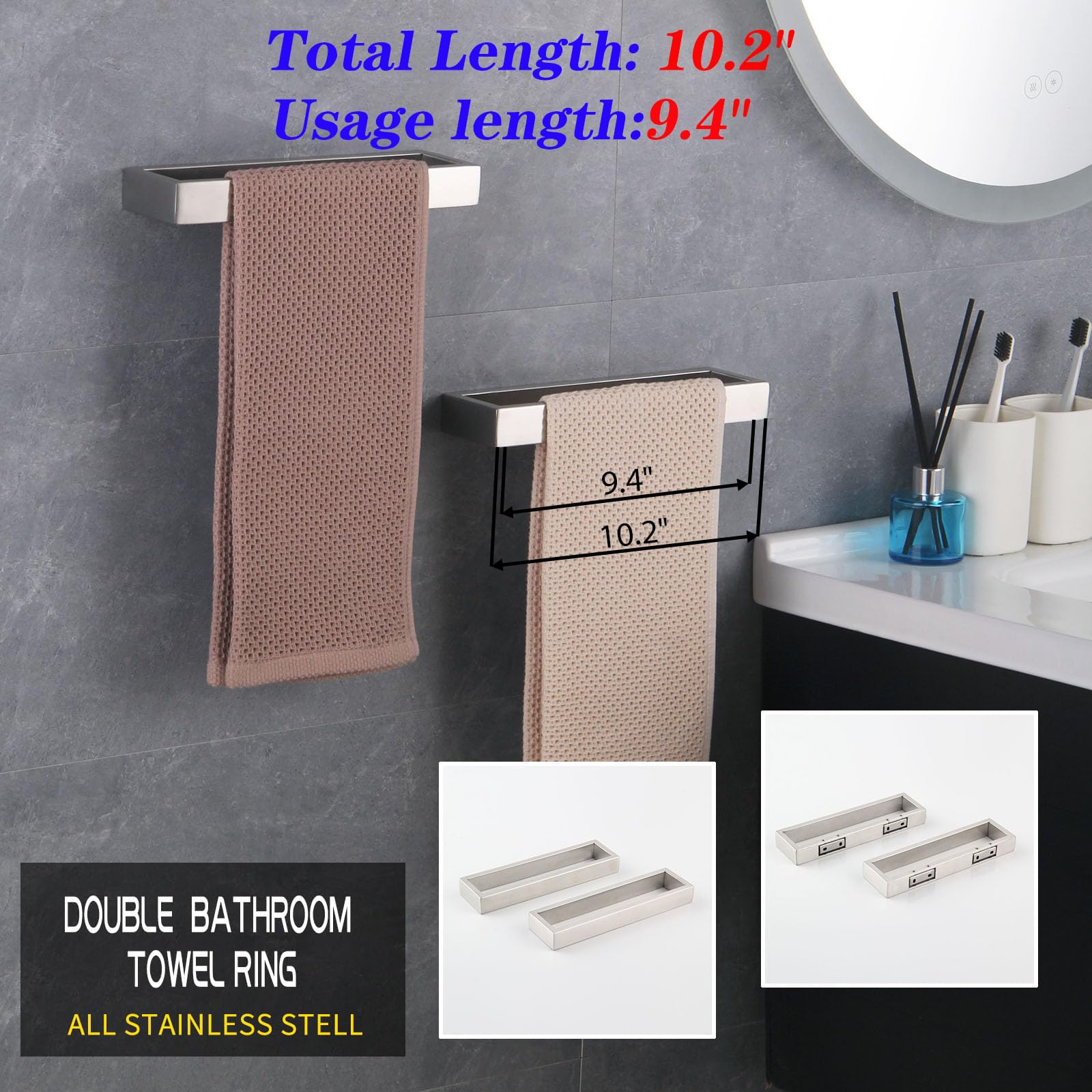 Modern Square Towel Holder - Brushed Stainless Steel Wall Mounted Towel Hanger & Ring Set (2 Pack) - Bathroom Accessories for Spa, Hotel & Home Decor - HG1716-2LS
